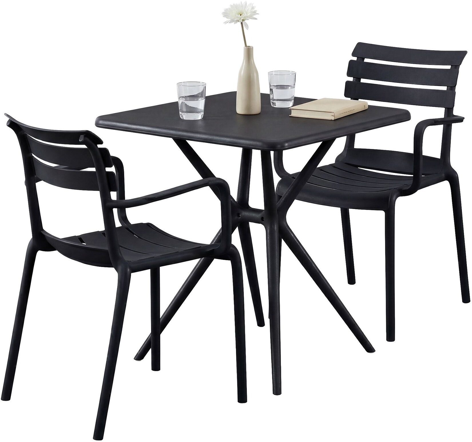 CLP Gartenmöbel-Set wetterfest Avena, mit 2 Stapelstühlen und quadratischem Esstisch 72x72cm, Sitzgruppe für Balkon, Terrasse und Garten