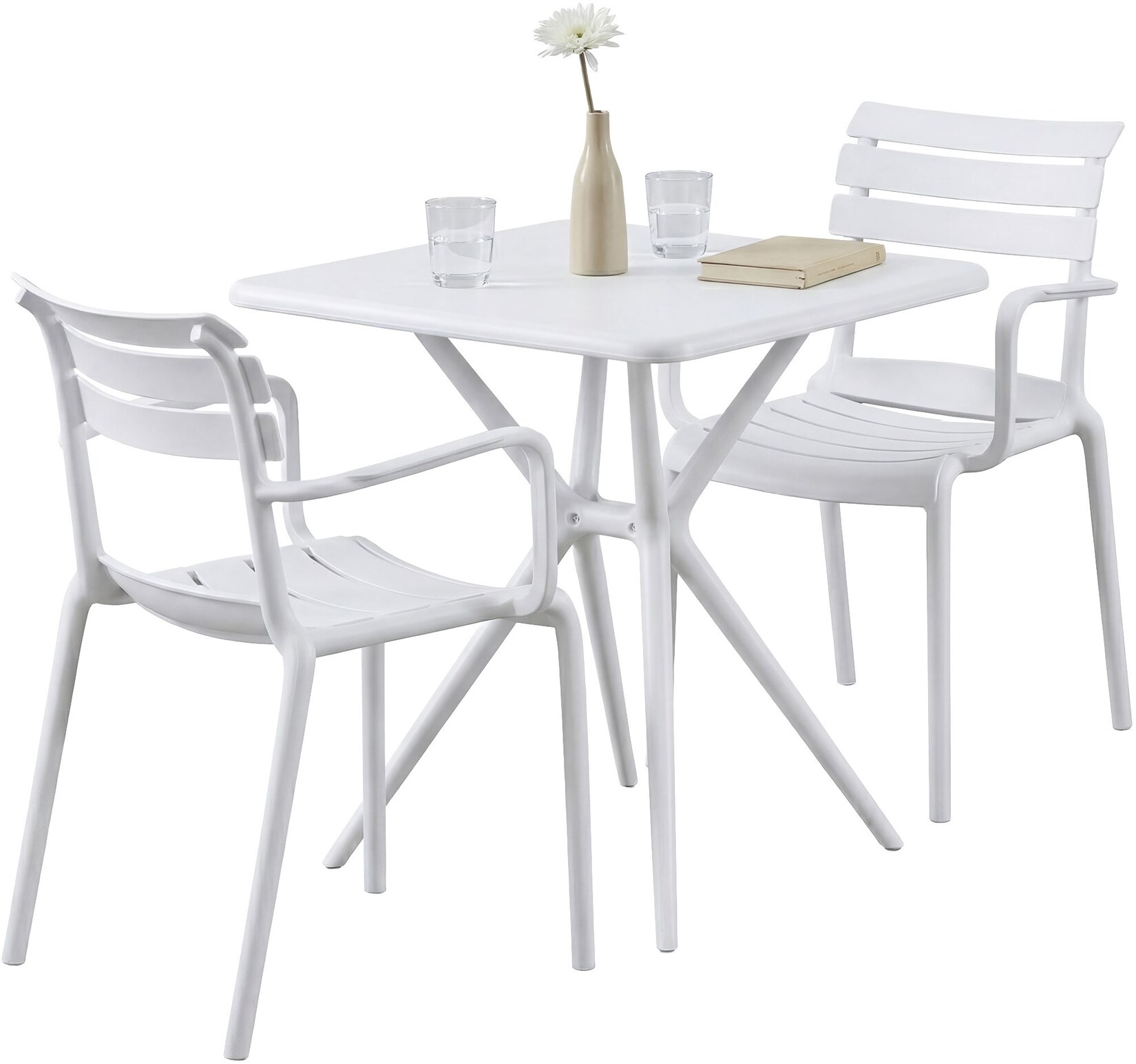 CLP Gartenmöbel-Set wetterfest Avena, mit 2 Stapelstühlen und quadratischem Esstisch 72x72cm, Sitzgruppe für Balkon, Terrasse und Garten