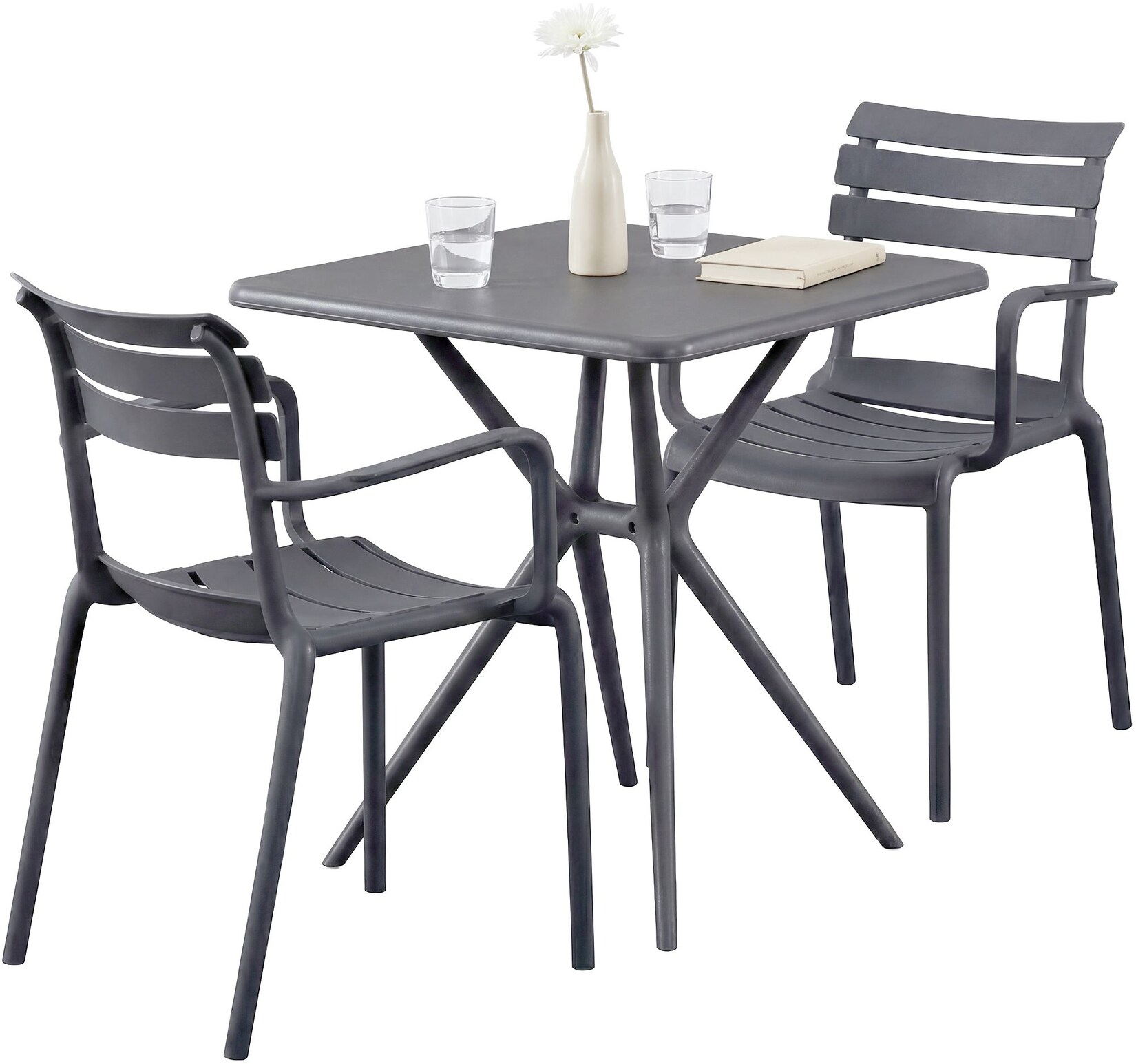 Gartenmöbel-Set wetterfest Avena, mit 2 Stapelstühlen und quadratischem Esstisch 72x72cm, Sitzgruppe für Balkon, Terrasse und Garten