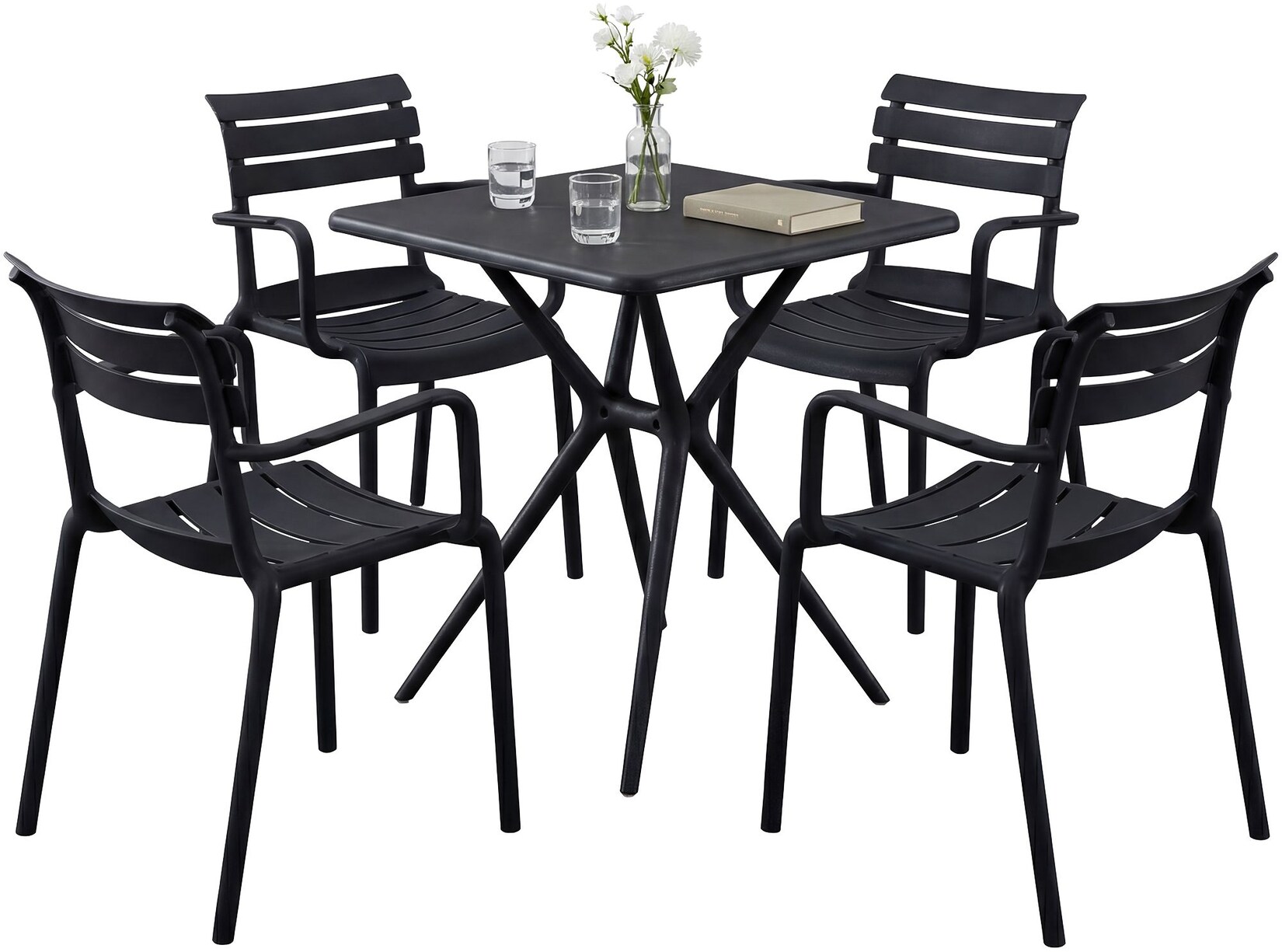 Gartenmöbel-Set wetterfest Avena, mit 4 Stapelstühlen und quadratischem Esstisch 72x72cm, Sitzgruppe für Balkon, Terrasse und Garten