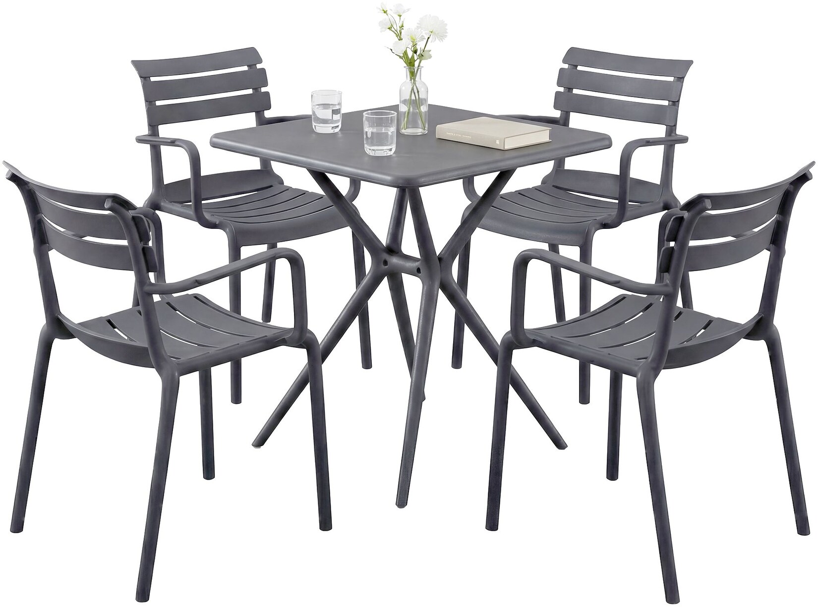 Gartenmöbel-Set wetterfest Avena, mit 4 Stapelstühlen und quadratischem Esstisch 72x72cm, Sitzgruppe für Balkon, Terrasse und Garten