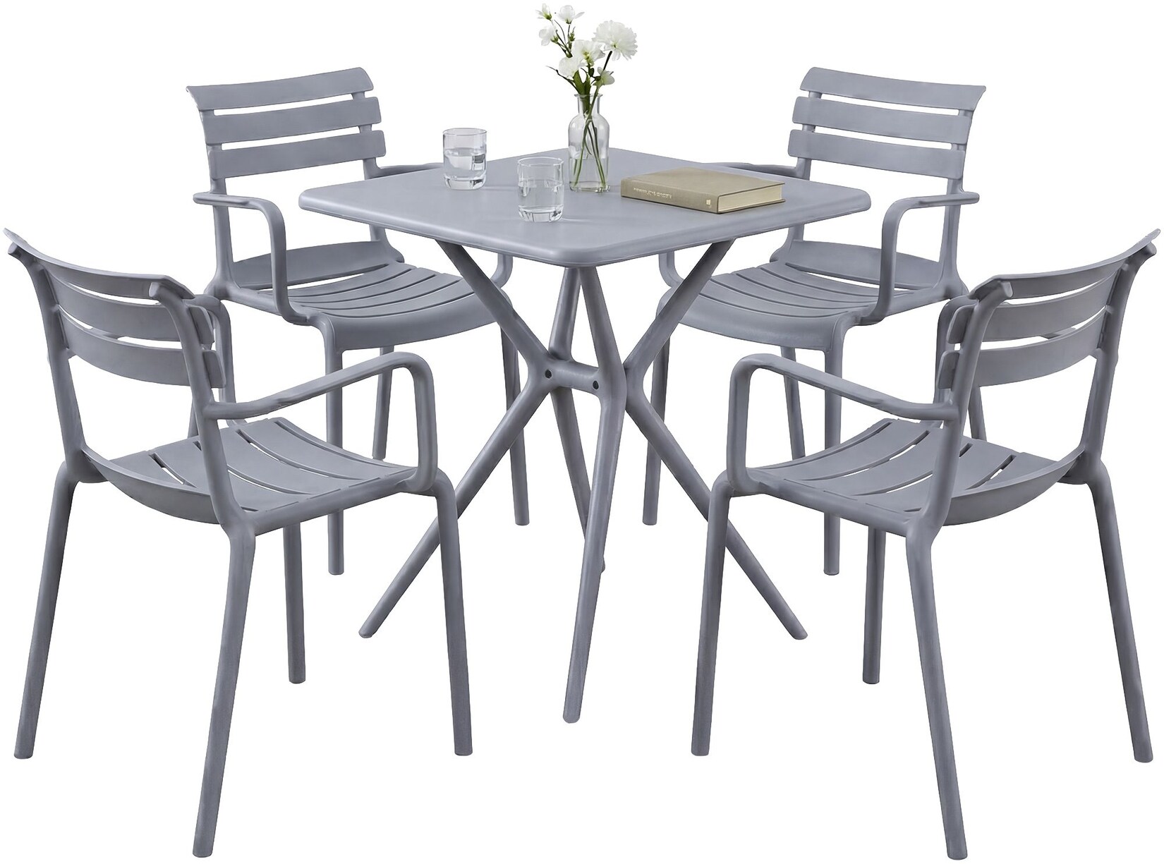 CLP Gartenmöbel-Set wetterfest Avena, mit 4 Stapelstühlen und quadratischem Esstisch 72x72cm, Sitzgruppe für Balkon, Terrasse und Garten