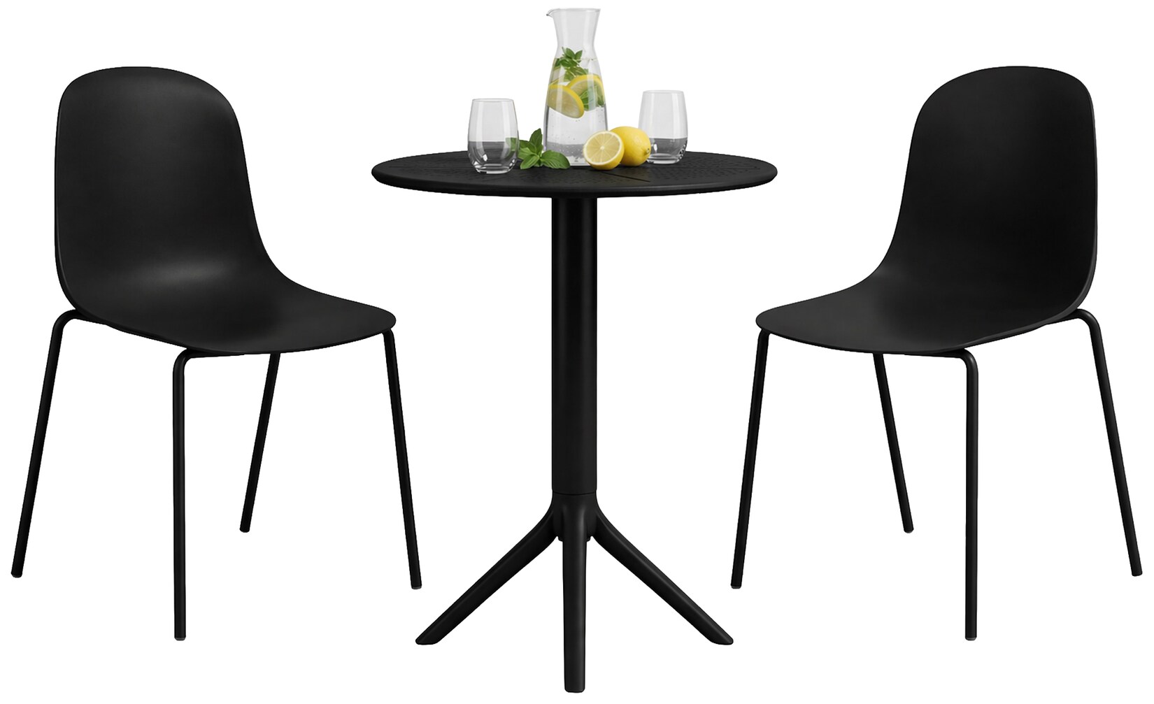 Gartenmöbel-Set wetterfest Torin, mit 2 Stapelstühlen und rundem Tisch 60 cm, Sitzgruppe ganzjährig für Balkon, Terrasse und Garten