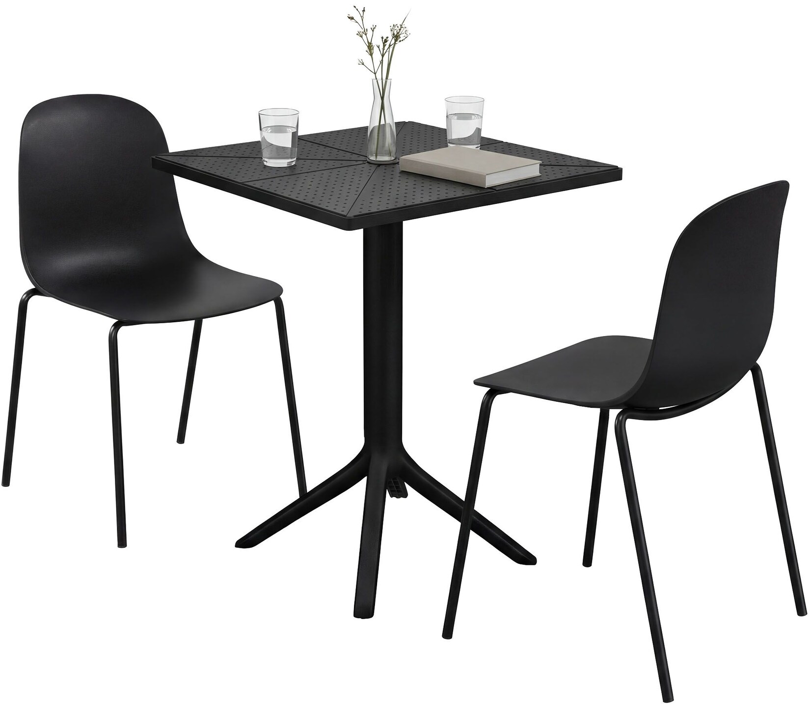 CLP Gartenmöbel-Set wetterfest Nerra, 2 Stapelstühle und quadratischer Gartentisch, ergonomisch, 3-teilige Sitzgruppe stapelbar