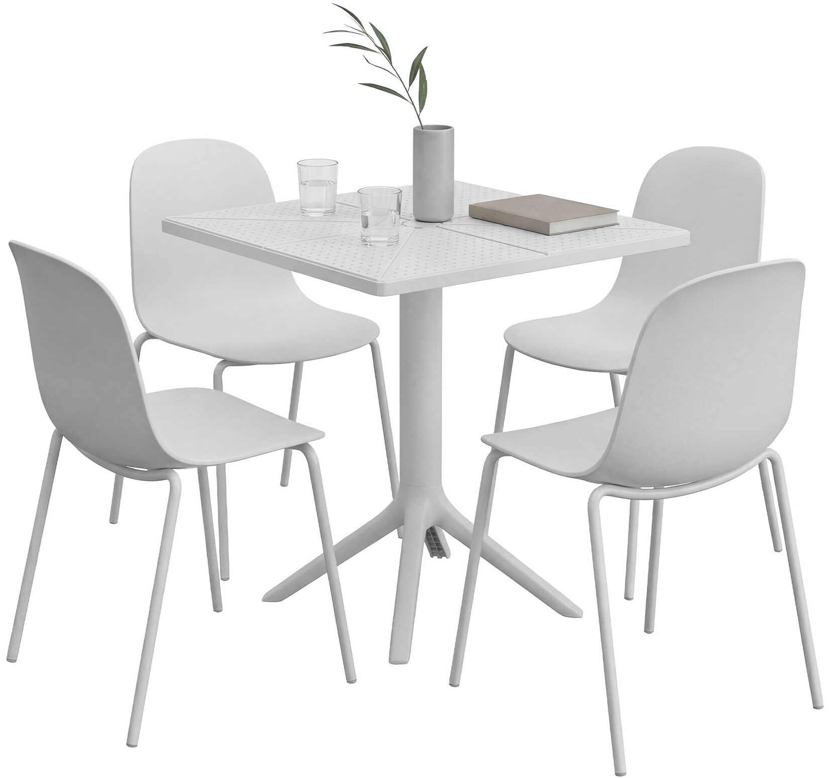 CLP Gartenmöbel-Set wetterfest Nerra, 4 Stapelstühle und quadratischer Gartentisch, ergonomisch, 5-teilige Sitzgruppe stapelbar