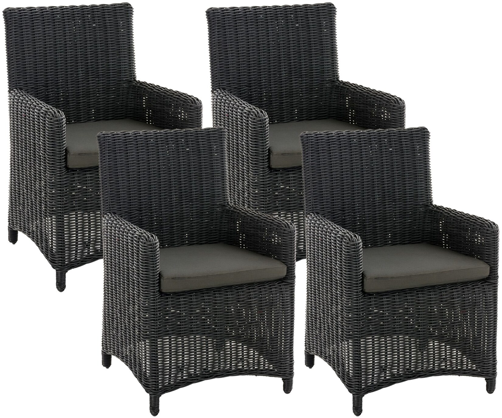 Gartenstuhl 4er Set Fontana, Polyrattan Gartenstühle, Hochlehner mit Sitzkissen, Wetterfeste Garten-Sessel mit Armlehnen, Outdoor Stuhlset