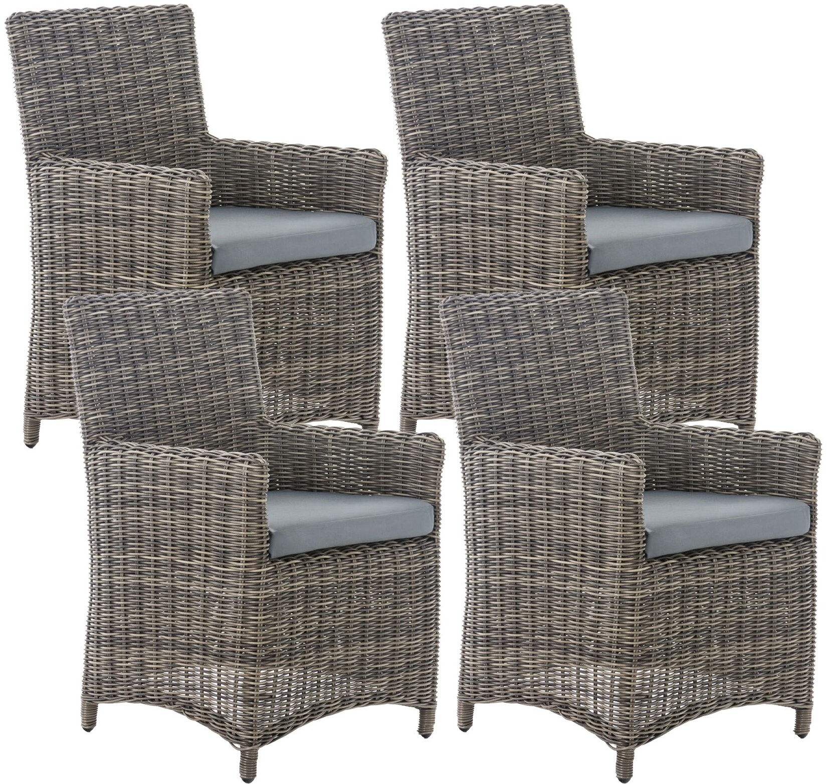 Gartenstuhl 4er Set Fontana, Polyrattan Gartenstühle, Hochlehner mit Sitzkissen, Wetterfeste Garten-Sessel mit Armlehnen, Outdoor Stuhlset