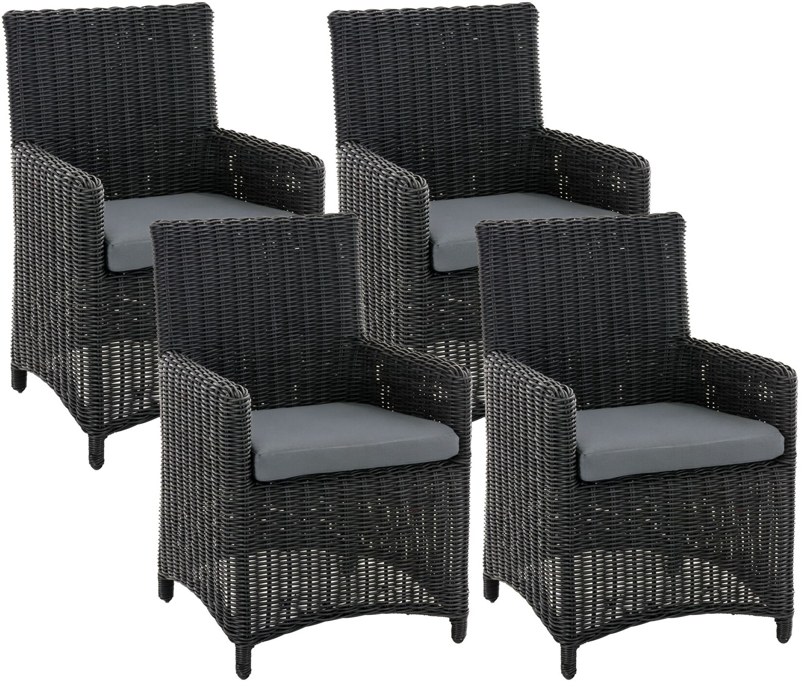 CLP Gartenstuhl 4er Set Fontana, Polyrattan Gartenstühle, Hochlehner mit Sitzkissen, Wetterfeste Garten-Sessel mit Armlehnen, Outdoor Stuhlset