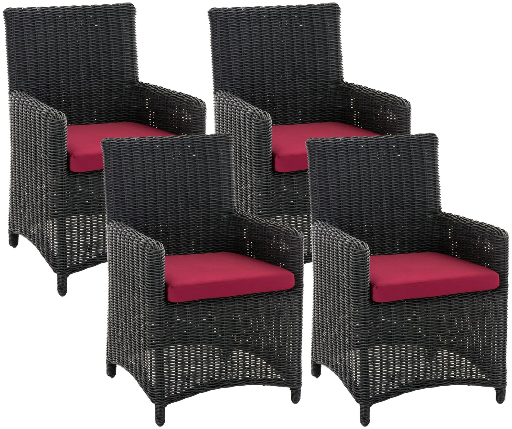 Gartenstuhl 4er Set Fontana, Polyrattan Gartenstühle, Hochlehner mit Sitzkissen, Wetterfeste Garten-Sessel mit Armlehnen, Outdoor Stuhlset