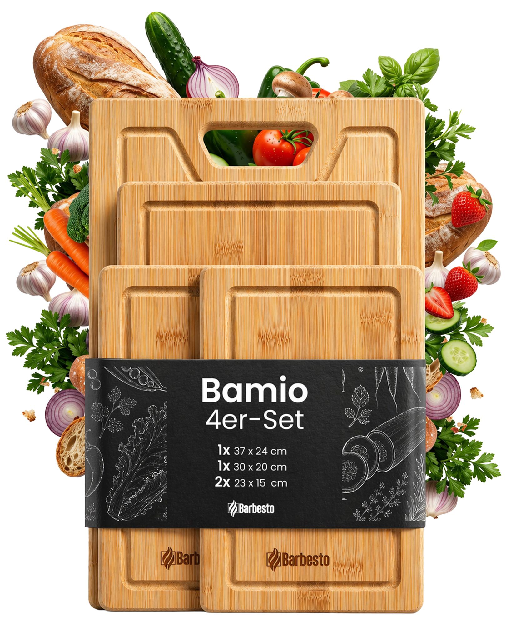 CLP Schneidebrett Bambus-Holz 4er Set Bamio, messerschonend und antibakteriell, extradicke Servierbretter mit Saftrille - Bild 1