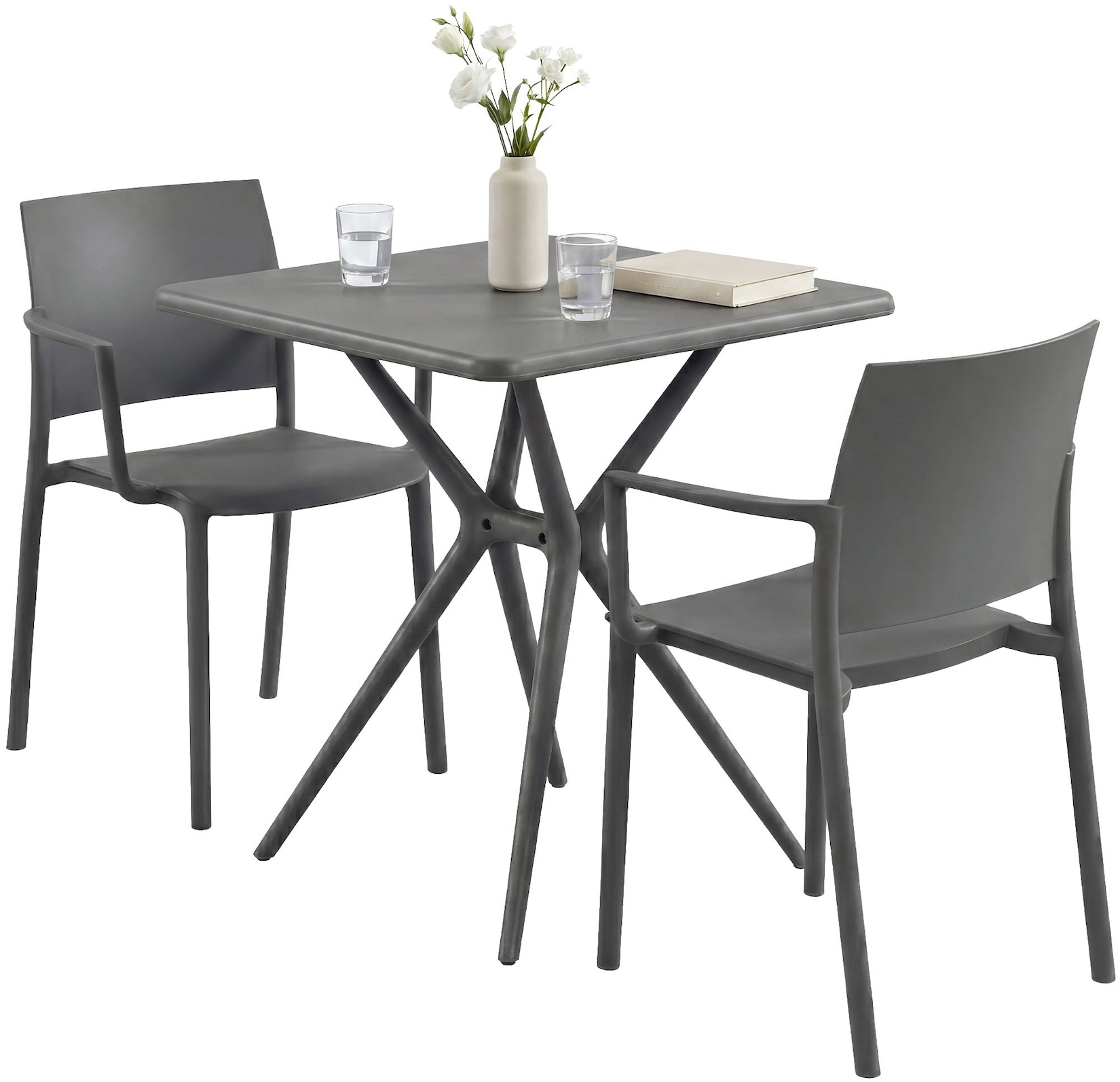 CLP Gartenmöbel-Set wetterfest Pula, 2 Stapelstühle und quadratischer Bistrotisch, Sitzgruppe aus Kunststoff für Balkon, Terrasse und Garten