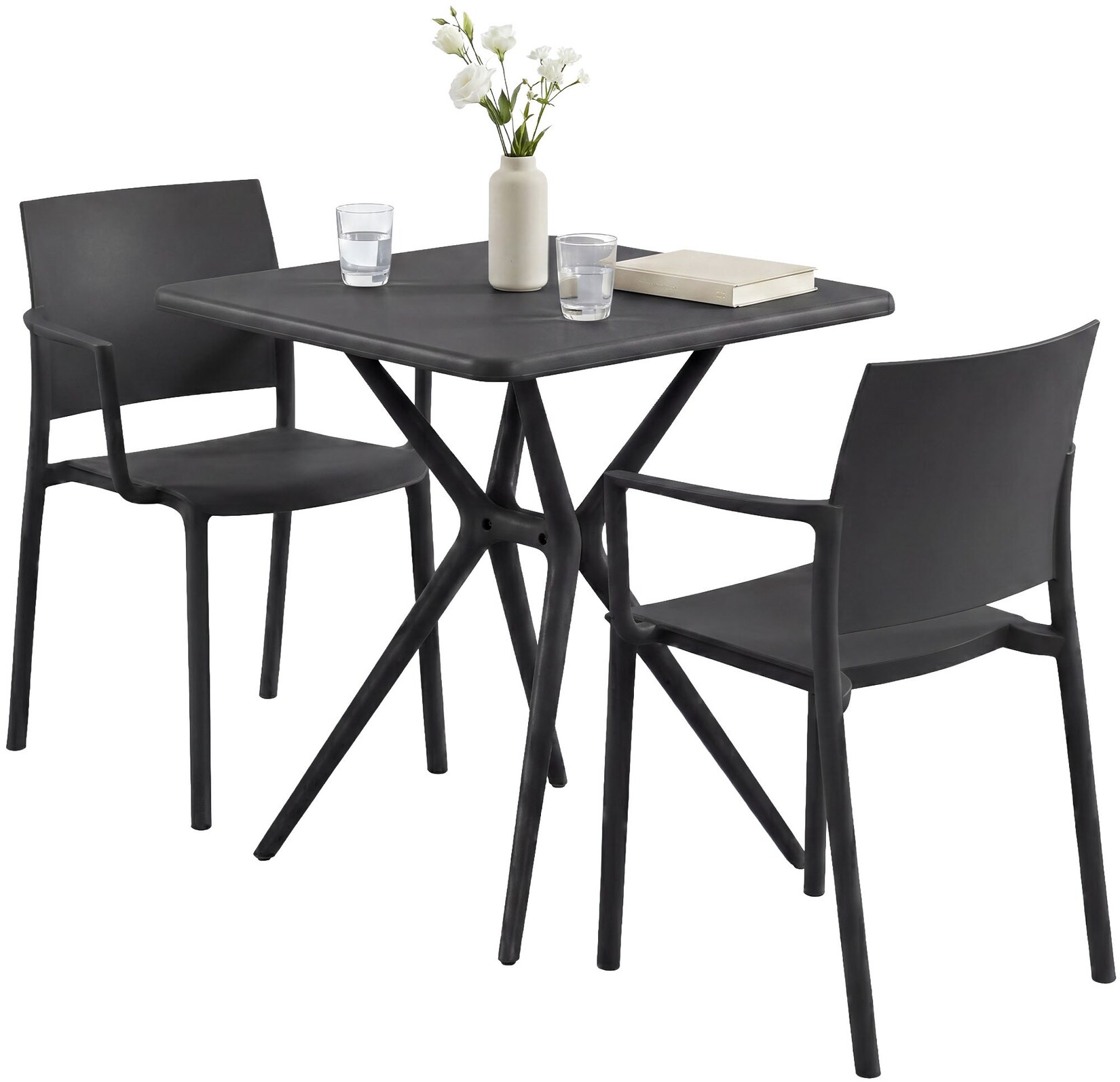 Gartenmöbel-Set wetterfest Pula, 2 Stapelstühle und quadratischer Bistrotisch, Sitzgruppe aus Kunststoff für Balkon, Terrasse und Garten