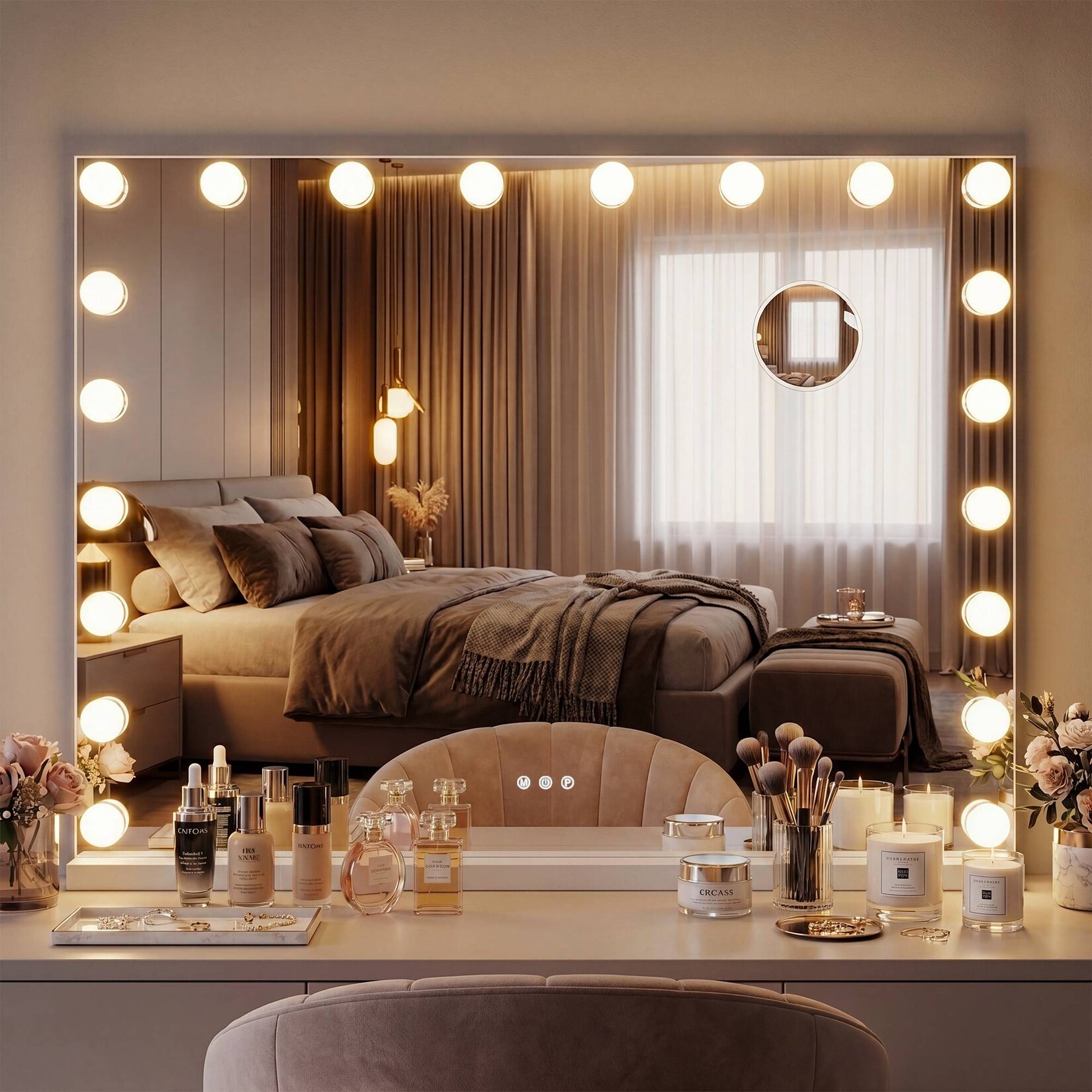CLP Schminkspiegel mit Beleuchtung 80x60 cm Norlina, Kosmetikspiegel Licht dimmbar 3 Modi und USB, Hollywoodspiegel Wandmontage und freistehend