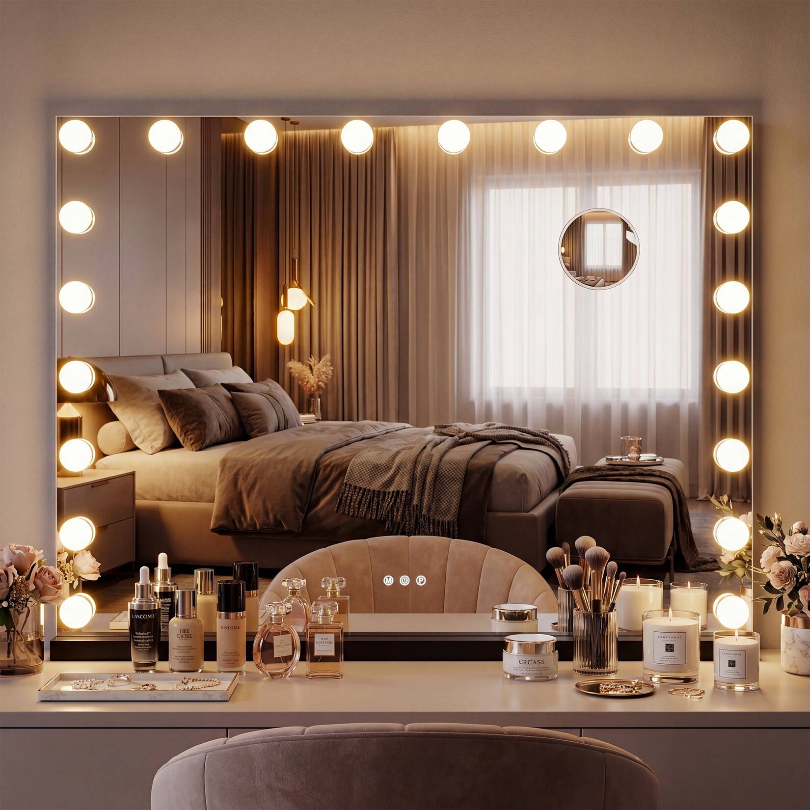 CLP Schminkspiegel mit Beleuchtung 80x60 cm Norlina, Kosmetikspiegel Licht dimmbar 3 Modi und USB, Hollywoodspiegel Wandmontage und freistehend