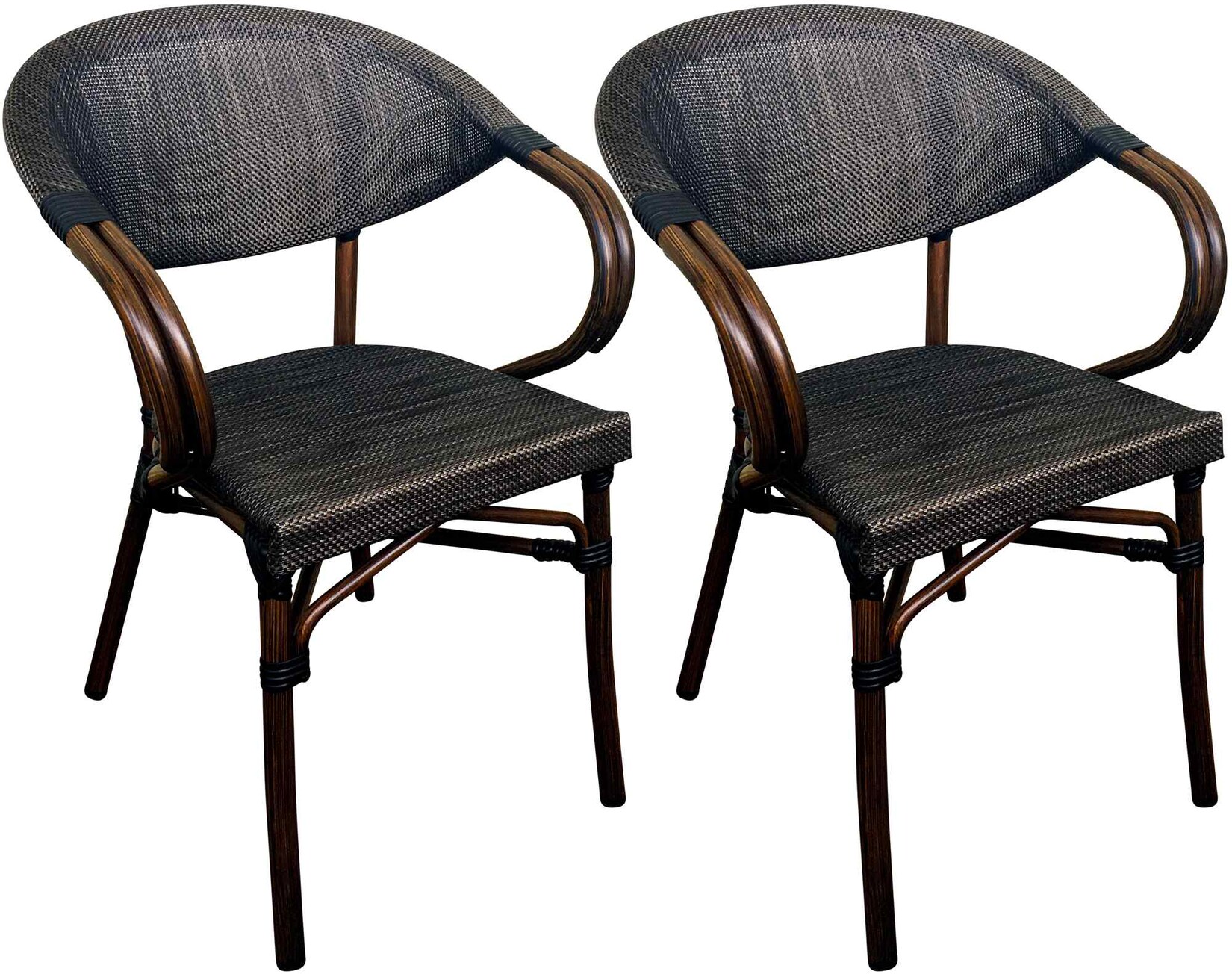 CLP Bistrostuhl 2er Set Sorva mit Armlehnen, aus Aluminium bis 200 kg, Stapelstuhl mit Holzoptik, ideal für Garten, Balkon und Terrasse