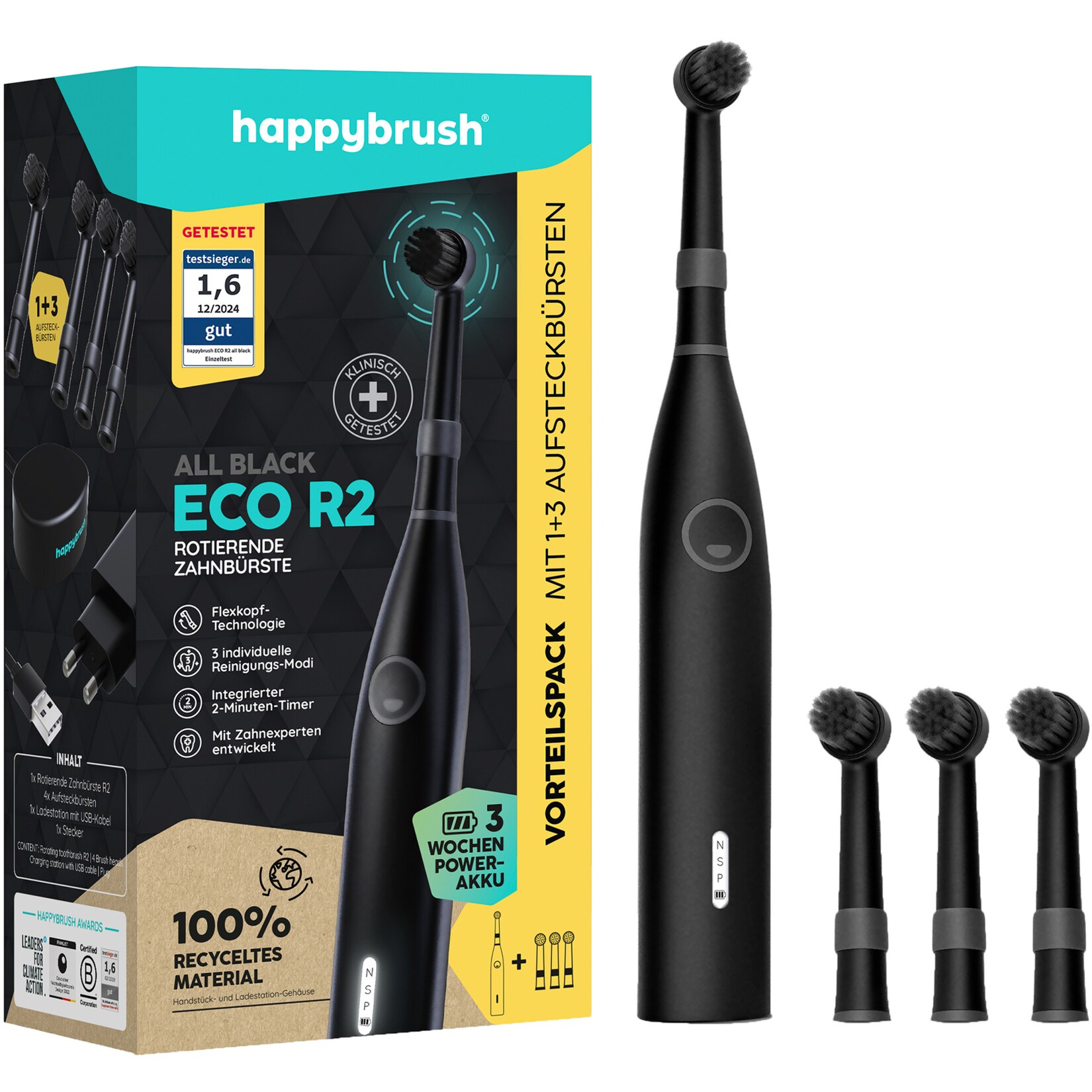 happybrush Elektrische Zahnbürste ECO R2 Allblack + 3 Refills | 04260486336420
