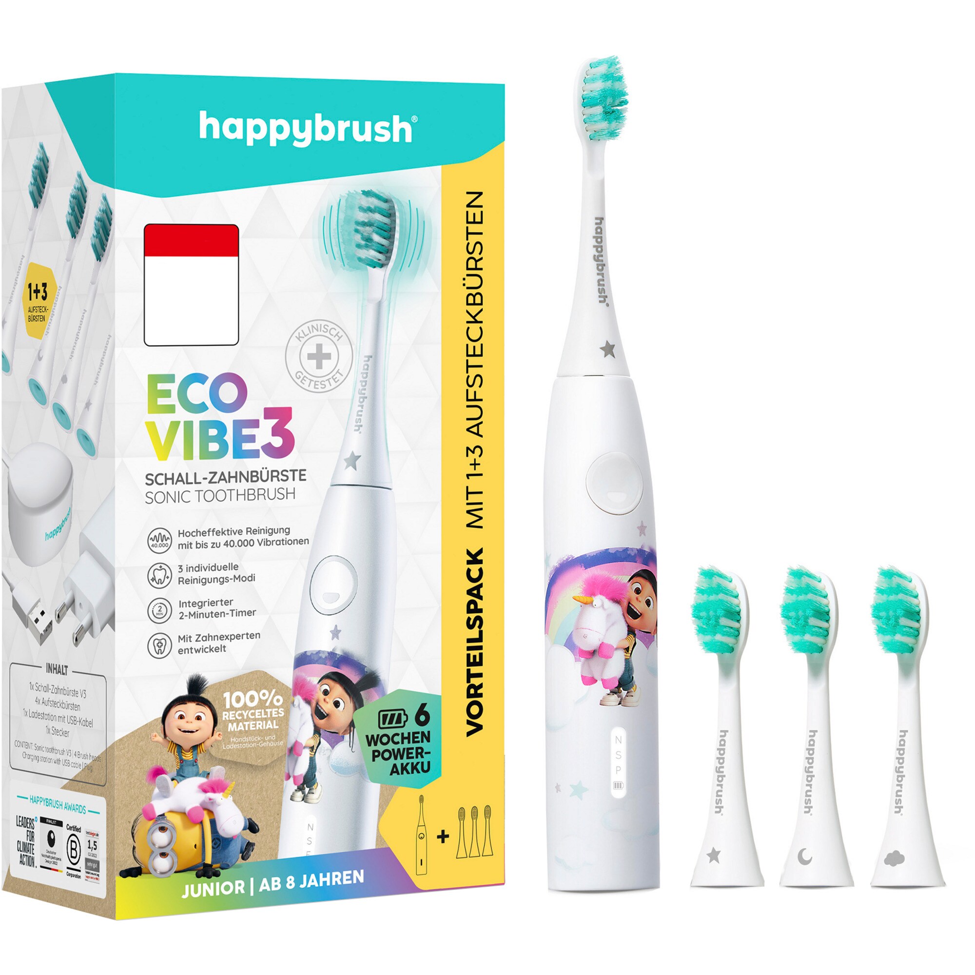 happybrush Elektrische Zahnb&uuml;rste ECO VIBE KIDS Agnes + 3 Refills - Bild 1