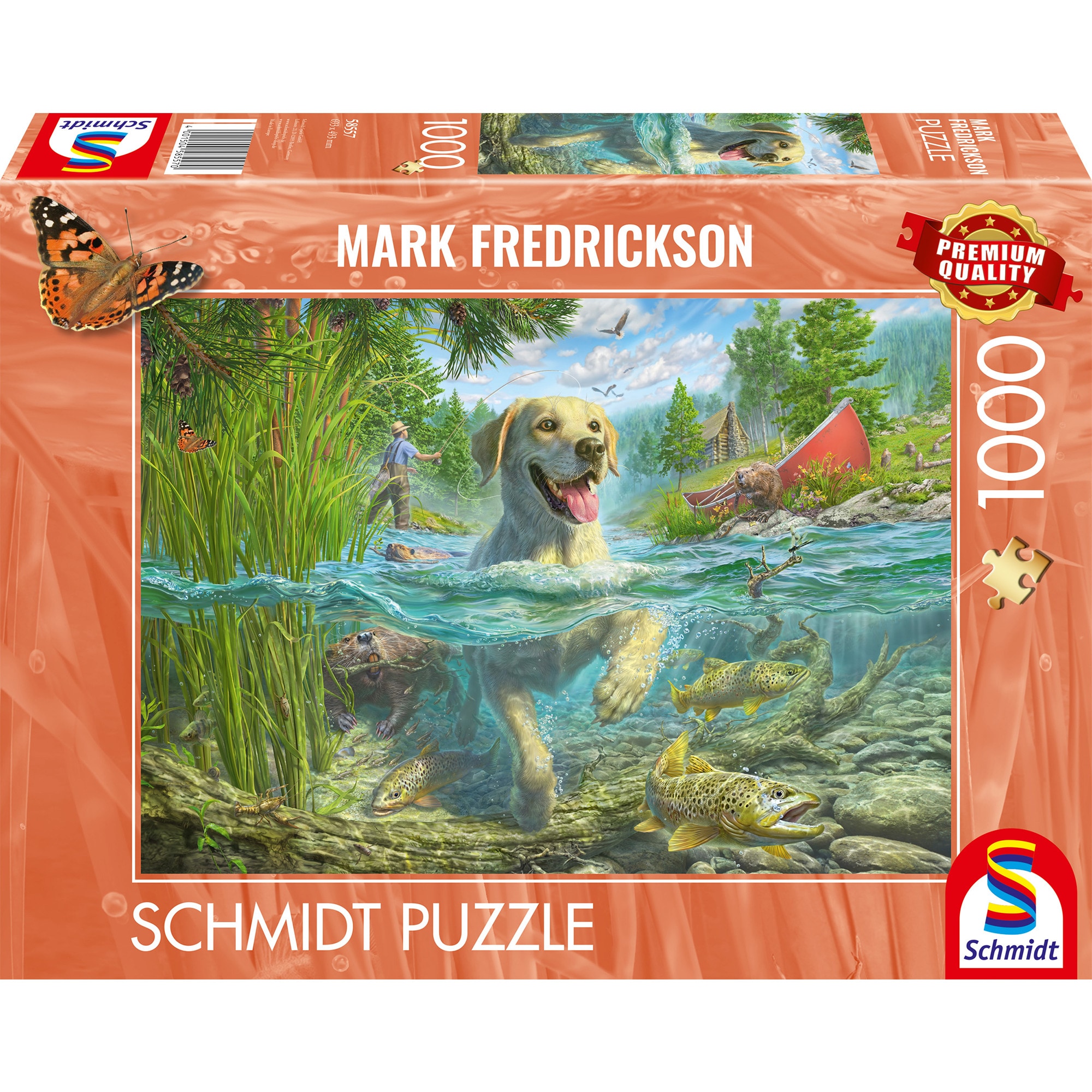 Schmidt Spiele Puzzle Mark Fredrickson: Hundeliebe - gelber Labrador auf Fischjagd - Bild 1