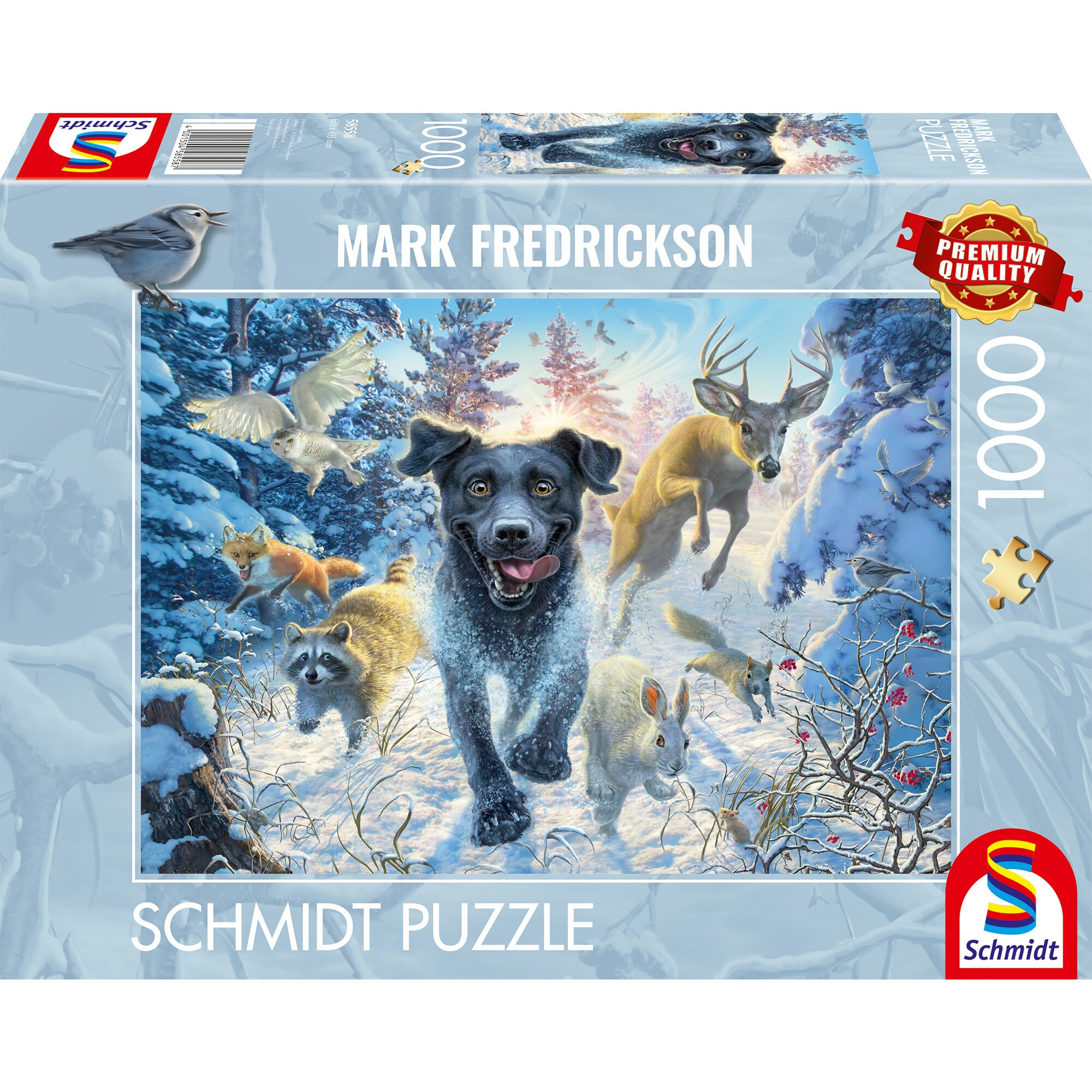 Schmidt Spiele Puzzle Mark Fredrickson: Hundeliebe - schwarzer Labrador im Schnee - Bild 1