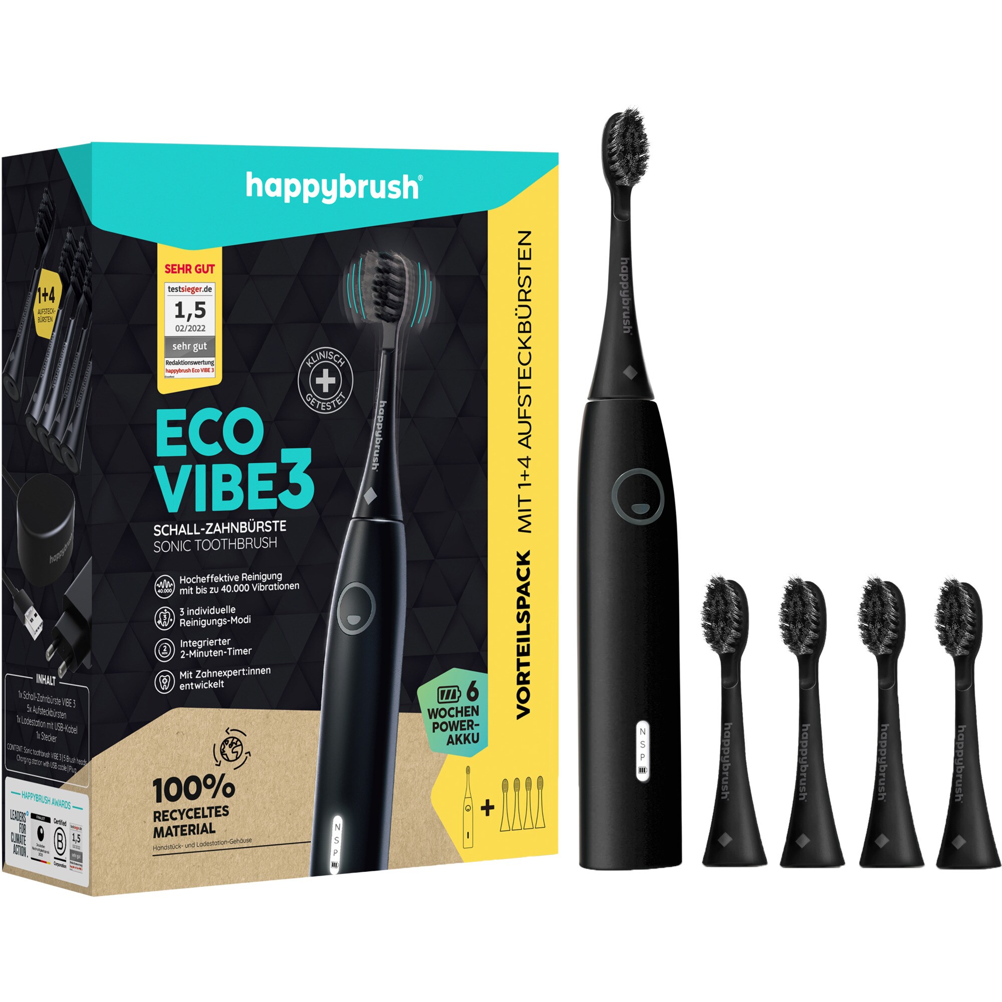 happybrush Elektrische Zahnb&uuml;rste ECO VIBE 3 Starterkit All Black + 4 Refills - Bild 1