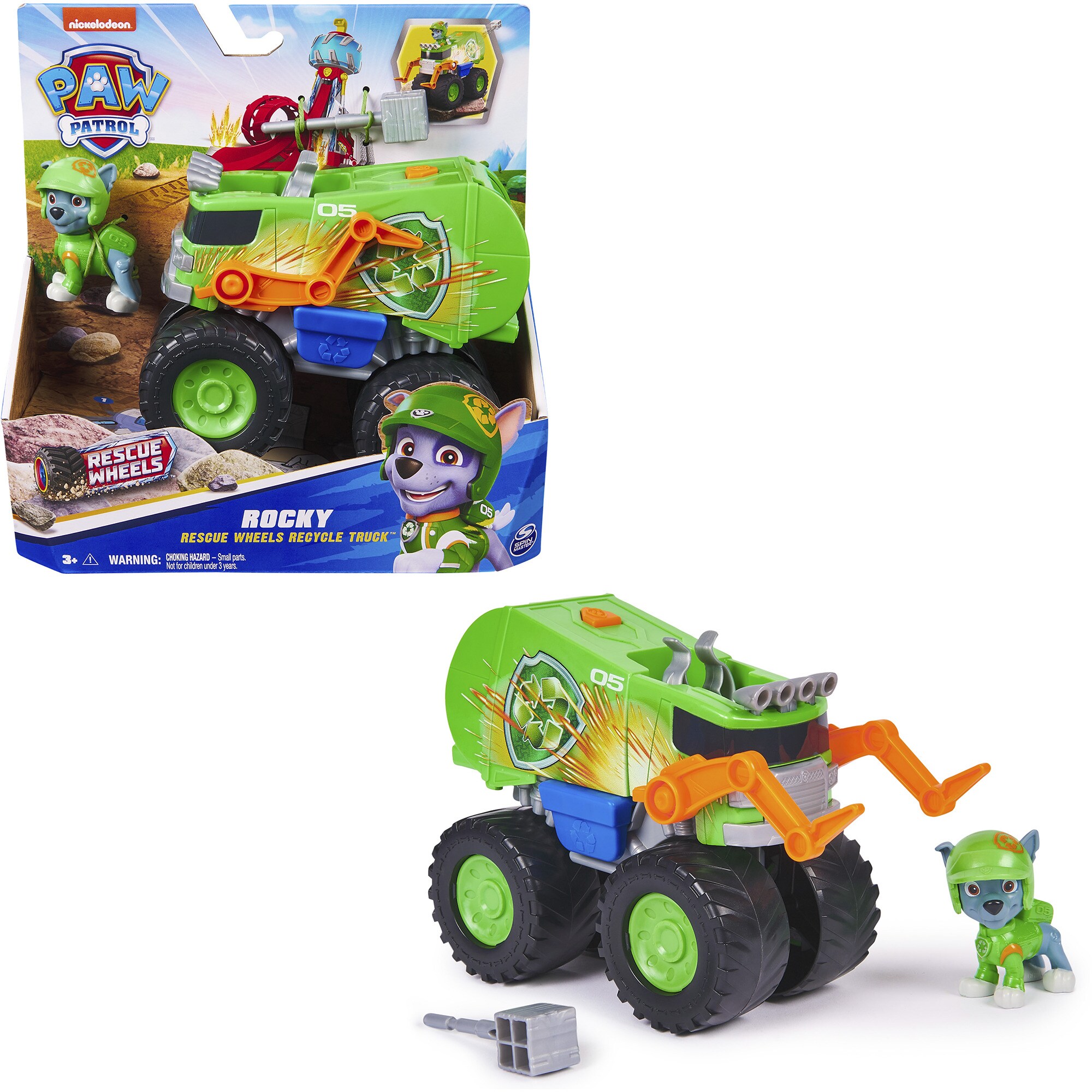 Spin Master Spielfahrzeug Paw Patrol Rescue Wheels - Rockys Recycling Monstertruck mit Geschoss-Abwurf und Rocky Hundefigur - Bild 1