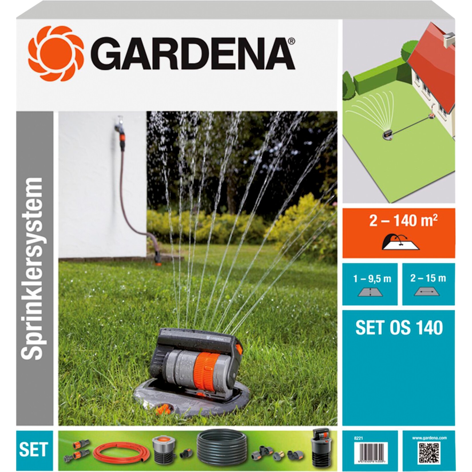 GARDENA Sprinklersystem Komplett-Set mit Versenk-Viereckregner OS 140 | 04078500822107