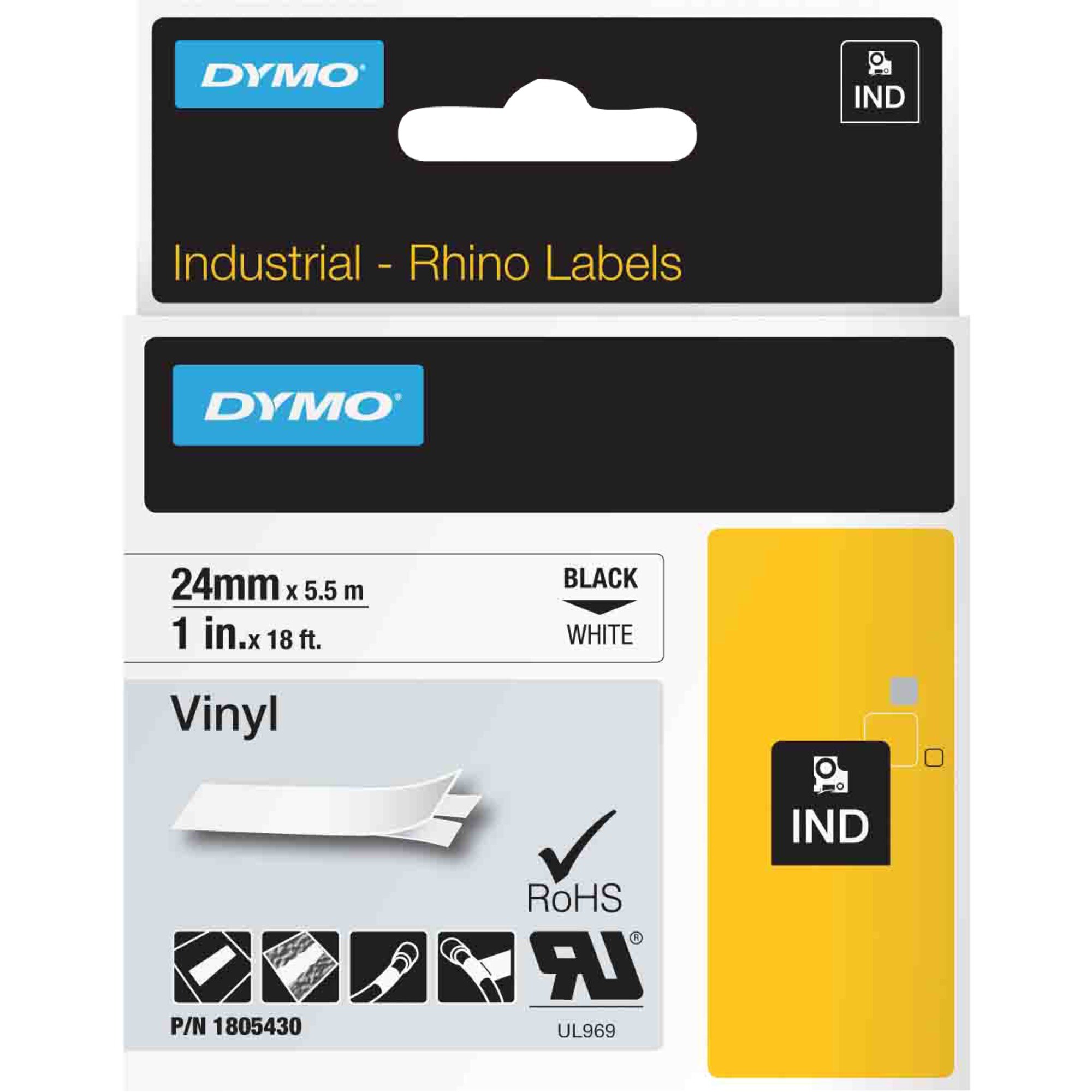 Dymo Schriftband Rhino IND ORIGINAL Schriftband Vinyl 24mm x 5,5m, schwarz auf wei&szlig; - Bild 1