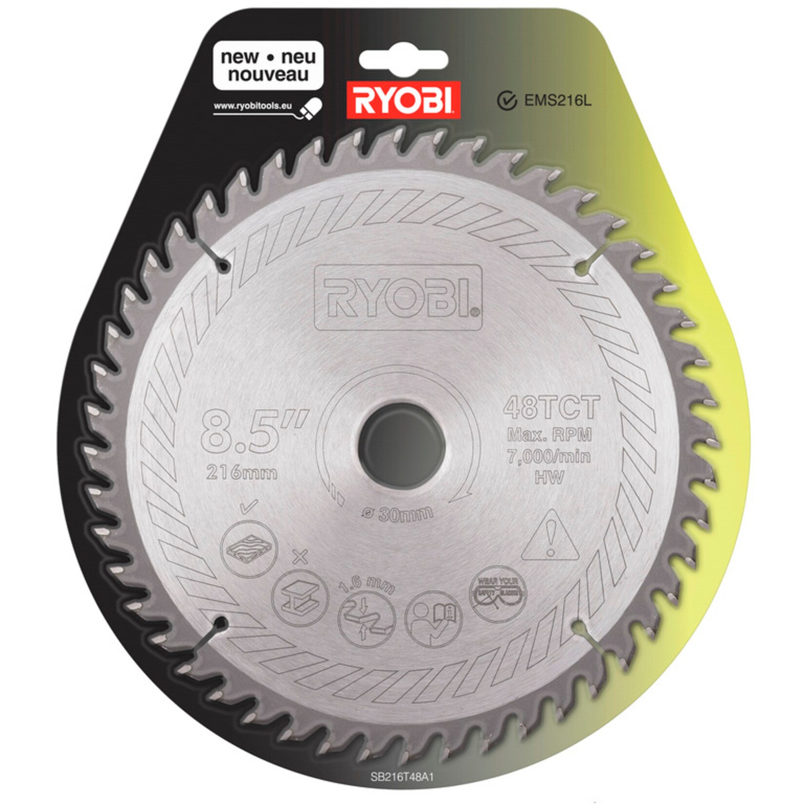 Ryobi Sägeblatt HM-Kreissägeblatt SB216T48A1, Ø 216mm, 48Z | 04892210121752