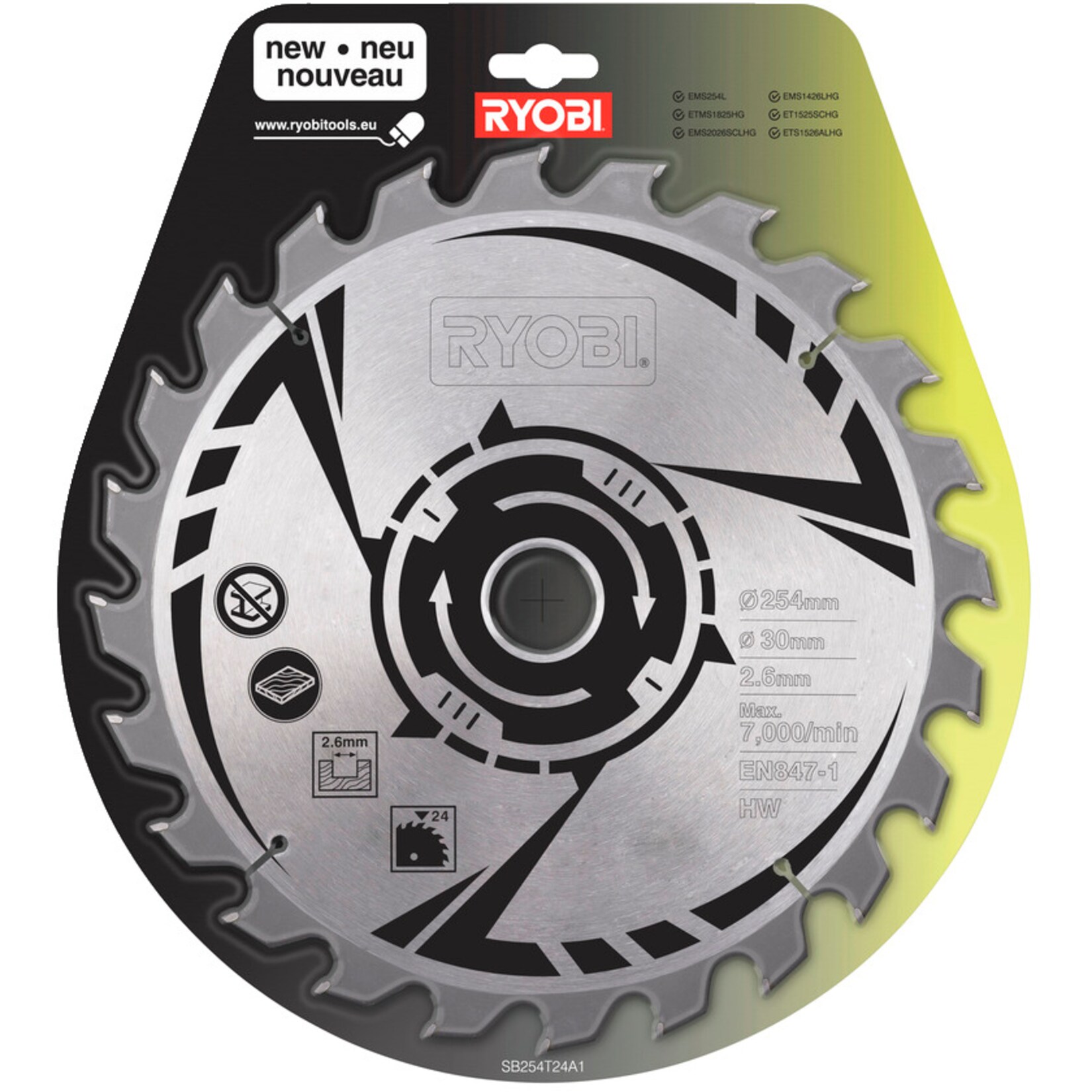 Ryobi Sägeblatt HM-Kreissägeblatt SB254T24A1, Ø 254mm, 24Z | 04892210121769