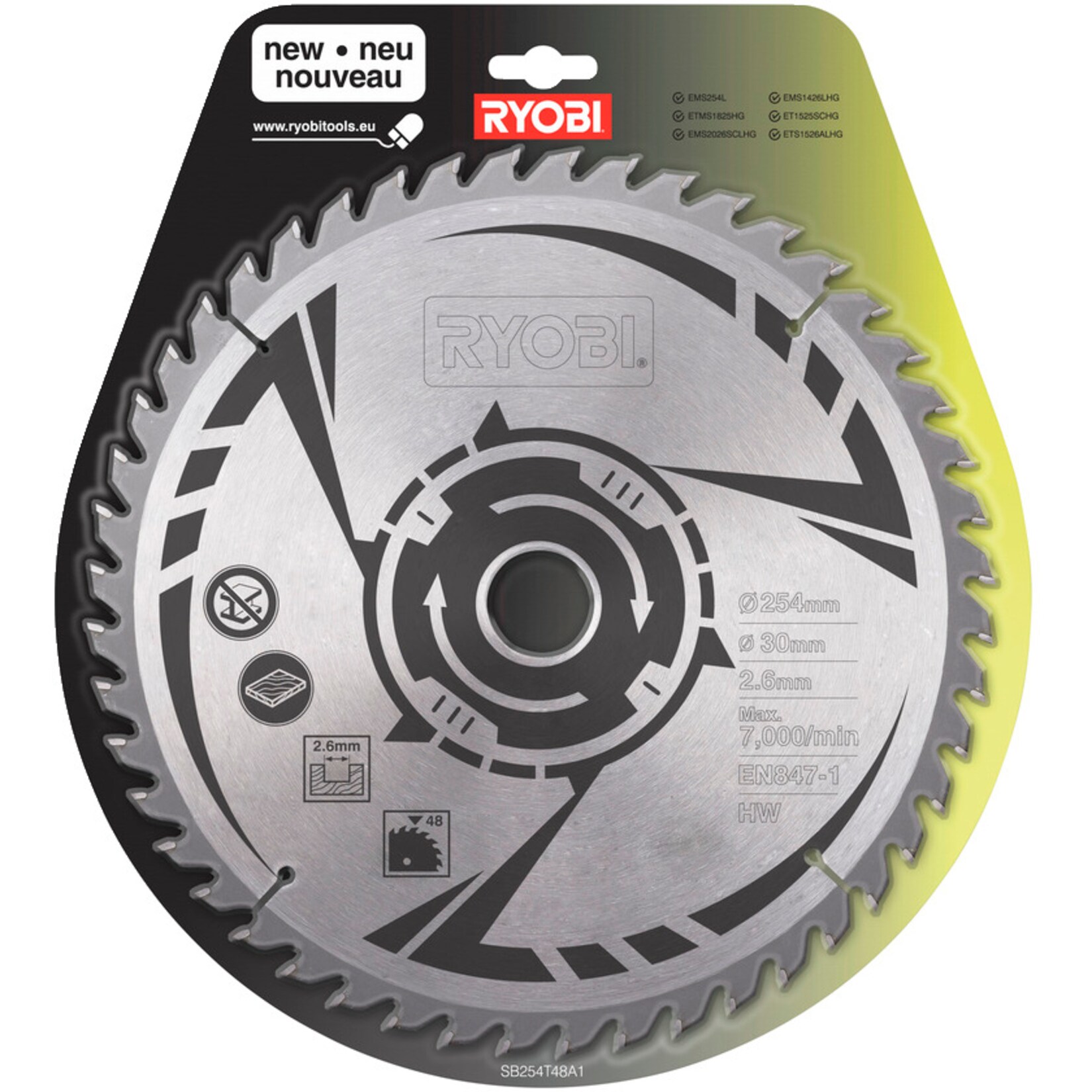 Ryobi Sägeblatt HM-Kreissägeblatt SB254T48A1, Ø 254mm, 48Z | 04892210121776