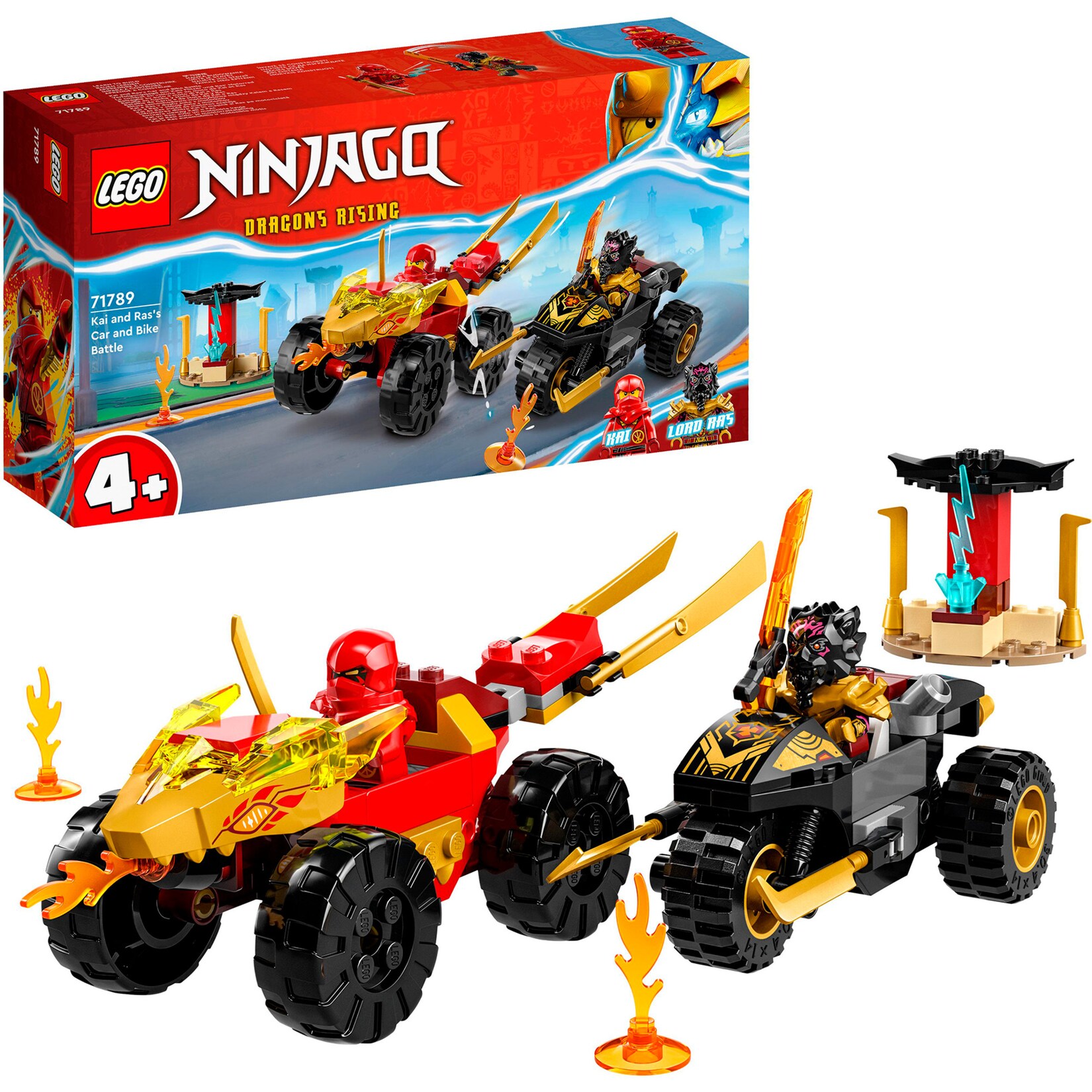 LEGO Konstruktionsspielzeug Ninjago Verfolgungsjagd mit Kais Flitzer und Ras' Motorrad