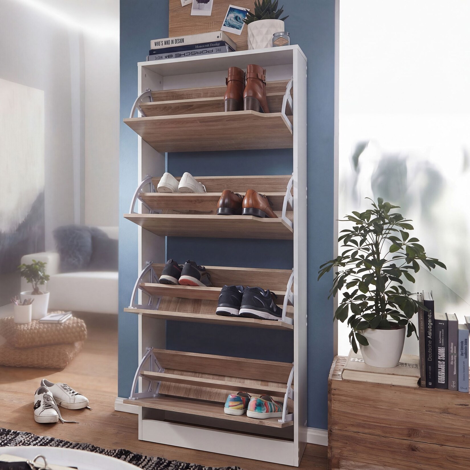 FineBuy Schuhkipper 4 Fächer 24 Paar Schuhe Schuhkommode Schuhschrank Sonoma