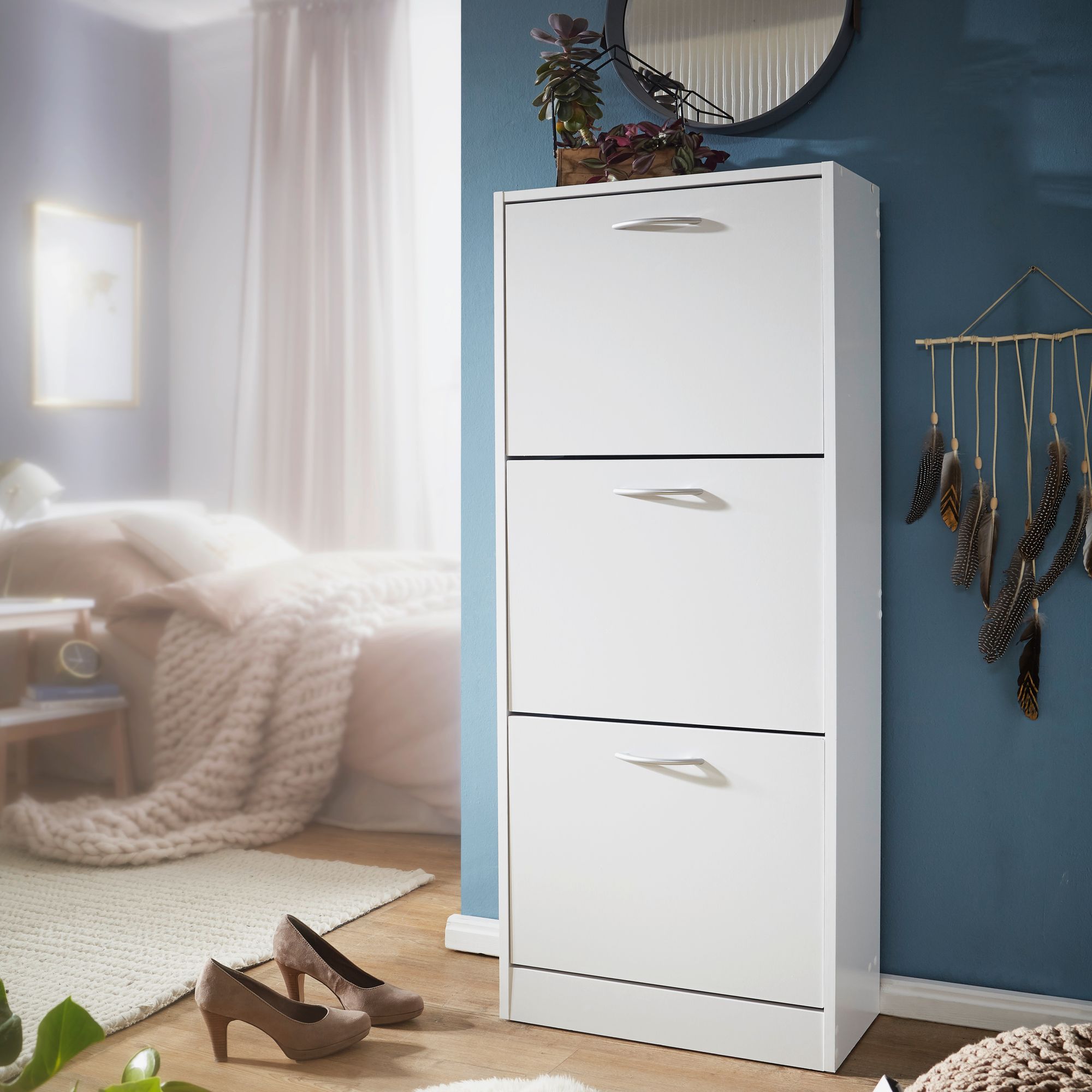 Schuhkipper mit 3 F&auml;chern f&uuml;r 18 Paar Schuhe Schuhkommode Schuhschrank Holz Wei&szlig; - Bild 1