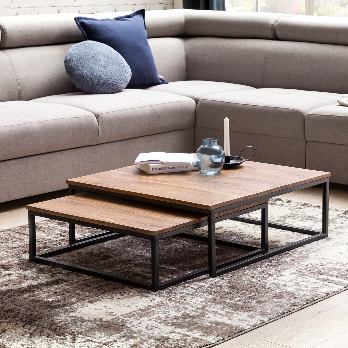 Couchtisch 2 teilig Massivholz Wohnzimmertisch Sheesham Lounge Tisch 75 x 75 cm | 04250950267183