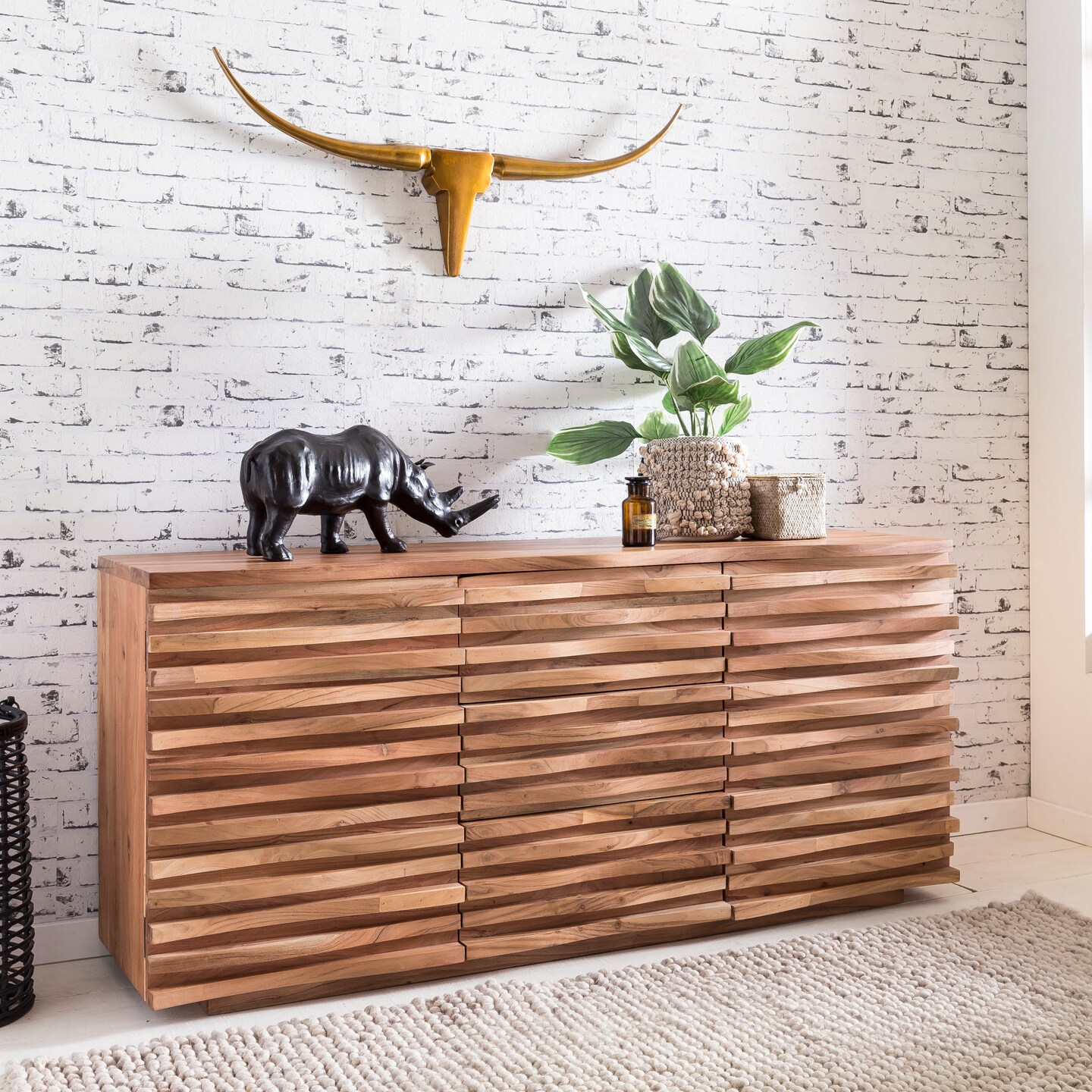 Massivholz Sideboard 160 Akazie Natur Kommode mit 2 T&uuml;ren & 3 Schubladen Design Front - Bild 1