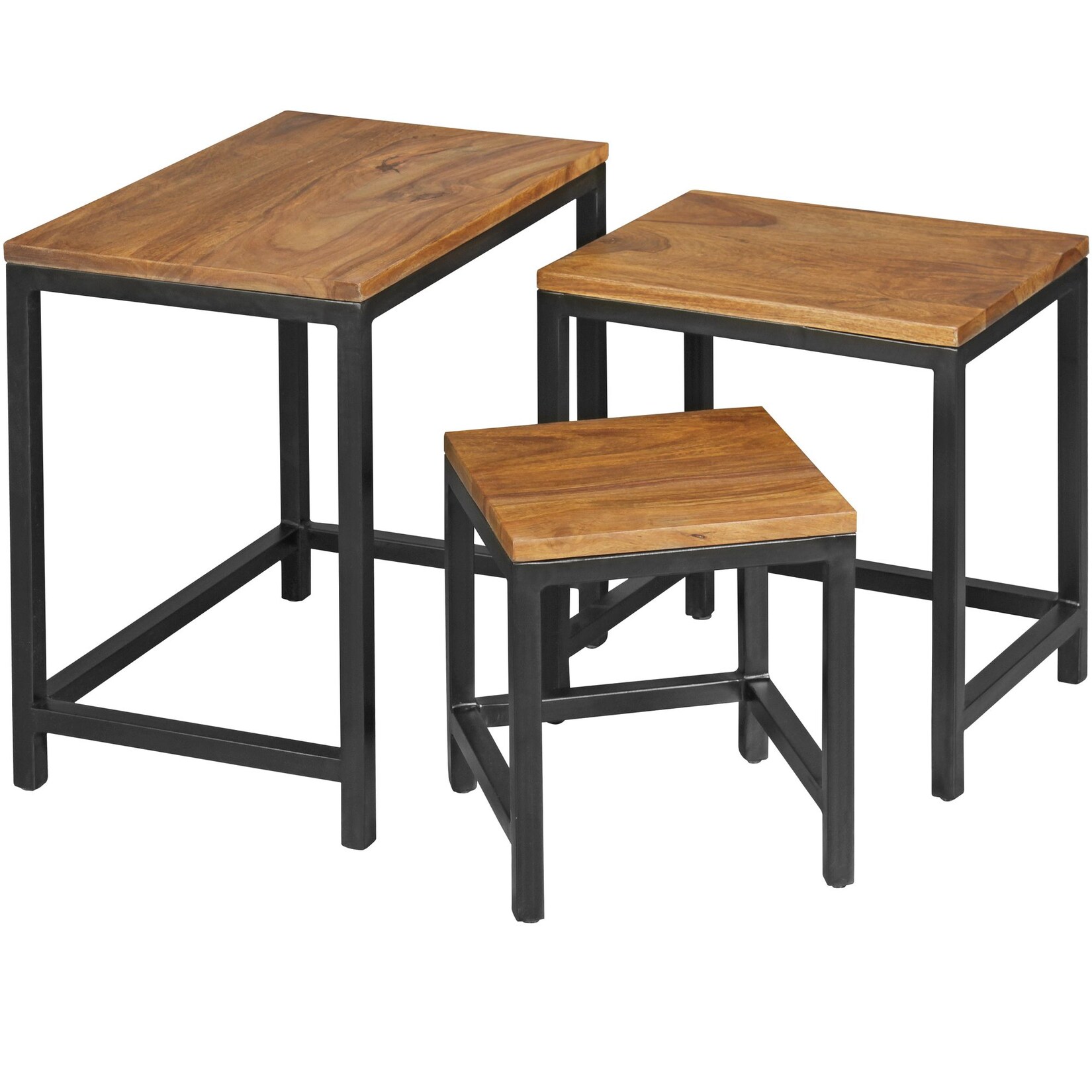 3er Set Beistelltisch Sheesham Satztisch Massivholz Couchtisch Metallbeine | 04250950271487