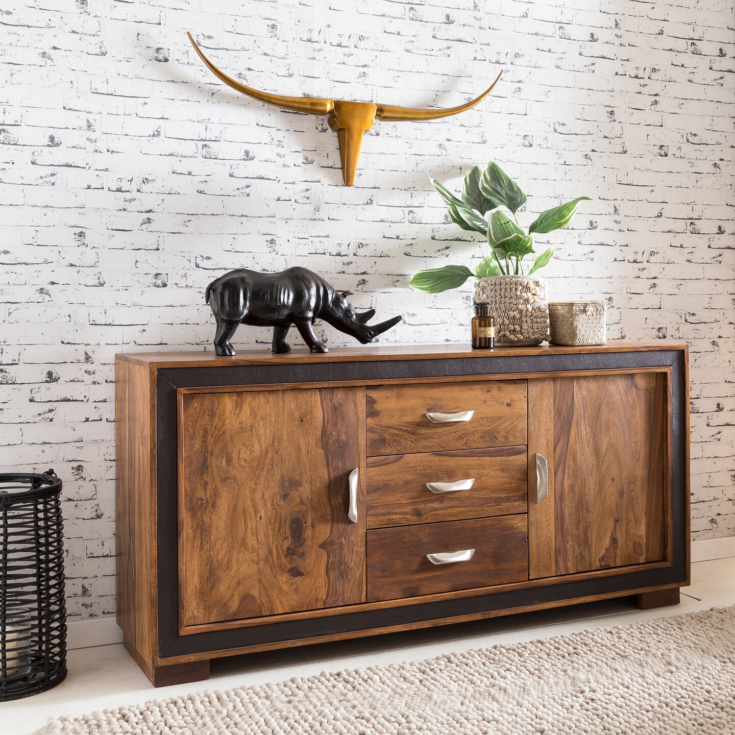Massivholz Sideboard 160cm Sheesham Kommode mit 2 Türen & 3 Schubladen aufwendige Lederumrandung | 04250950273214
