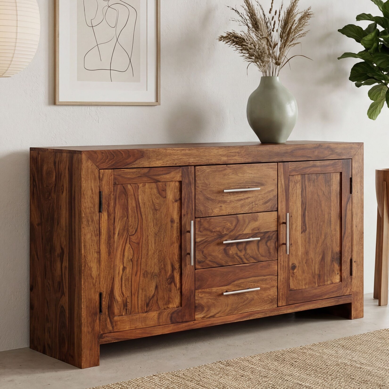 Massivholz Sideboard 120cm Sheesham Kommode mit 2 Türen & 3 Schubladen Modernes Design