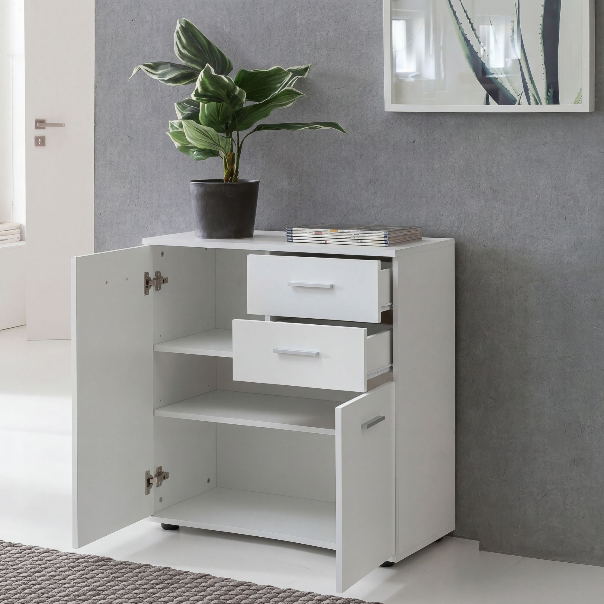 Sideboard 70 cm Wei&szlig; mit 2 T&uuml;ren & 2 Schubladen Kommode Aktenschrank Tiefe 35 cm - Bild 1