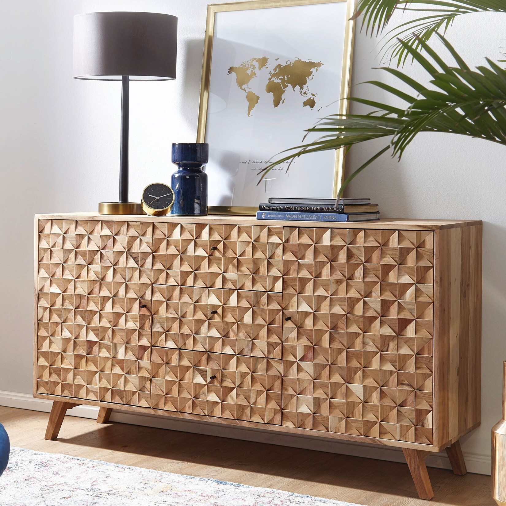 Massivholz Sideboard 140cm Akazie Natur Kommode mit 2 Türen & 3 Schubladen aufwendige Retro 3D Design Optik | 04250950286245