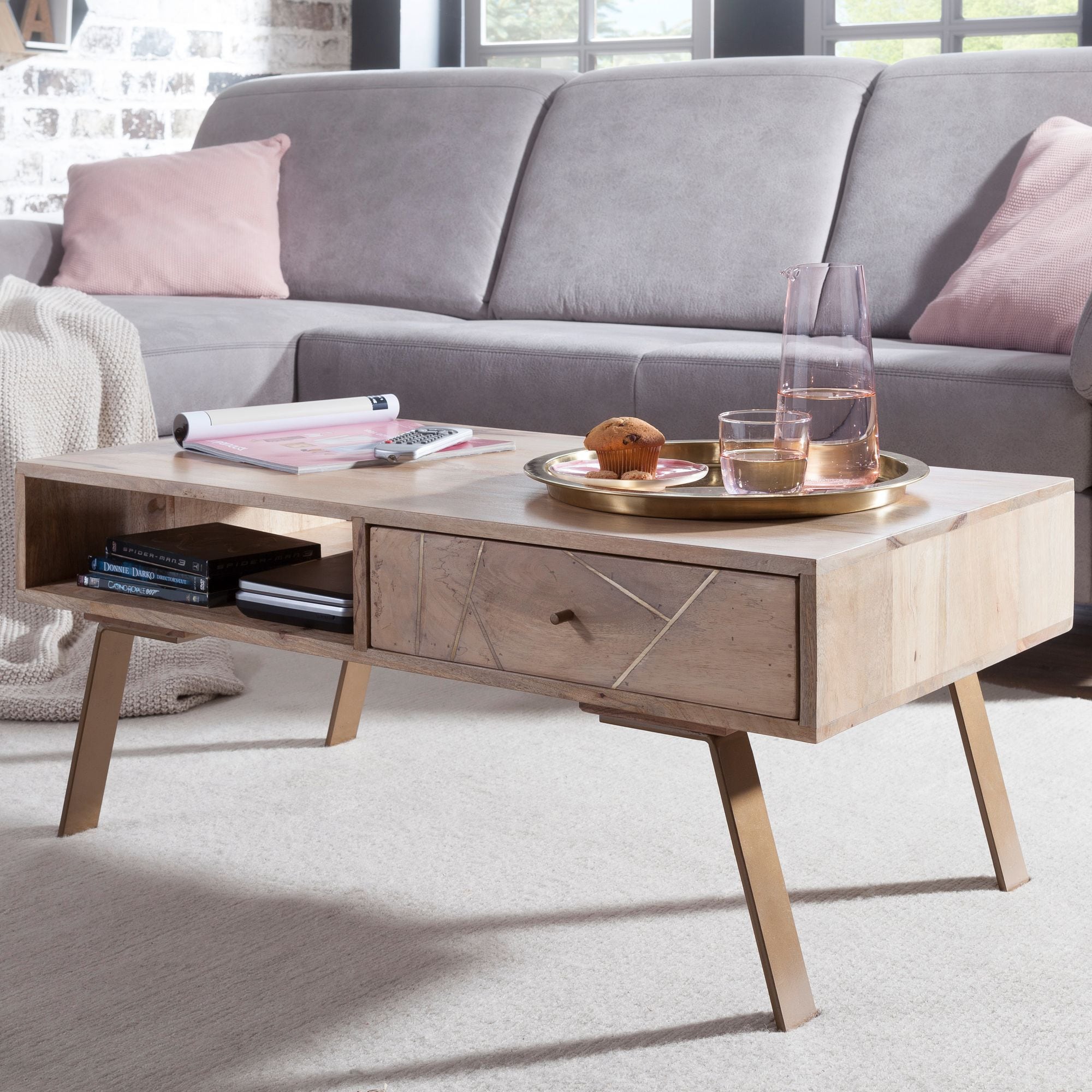 Couchtisch Massivholz rechteckig 95cm Wohnzimmertisch Schublade & Ablagefach - Bild 1
