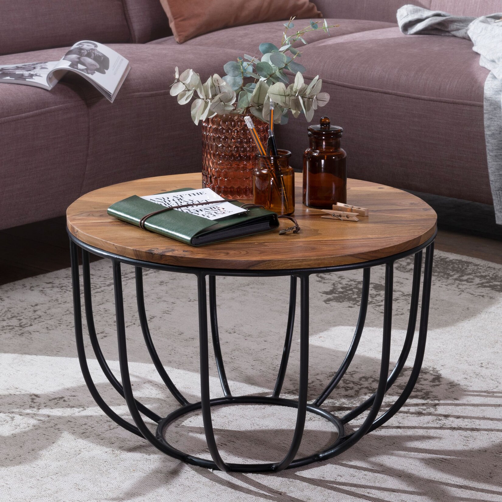 FineBuy Couchtisch Sheesham rund Ø 60 cm Wohnzimmertisch Metallgestell