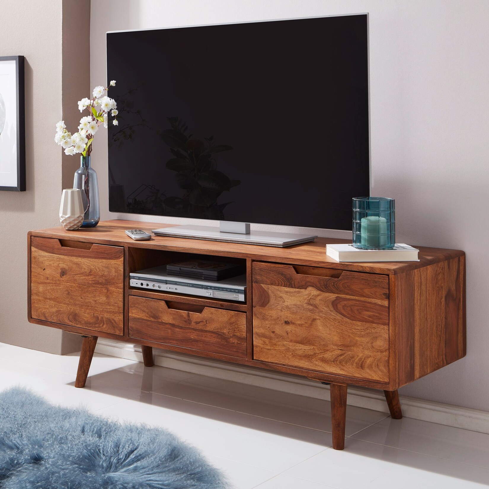 FineBuy TV Lowboard Holz Fernsehkommode Massiv Landhaus Fernsehschrank TV Bank | 04250950286856