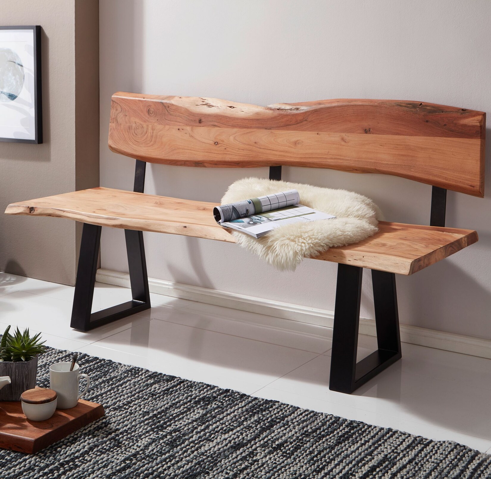 FineBuy Esszimmerbank TREE 180cm Essbank mit Lehne Baumkante Sitzbank Bank Holz | 04250950286801