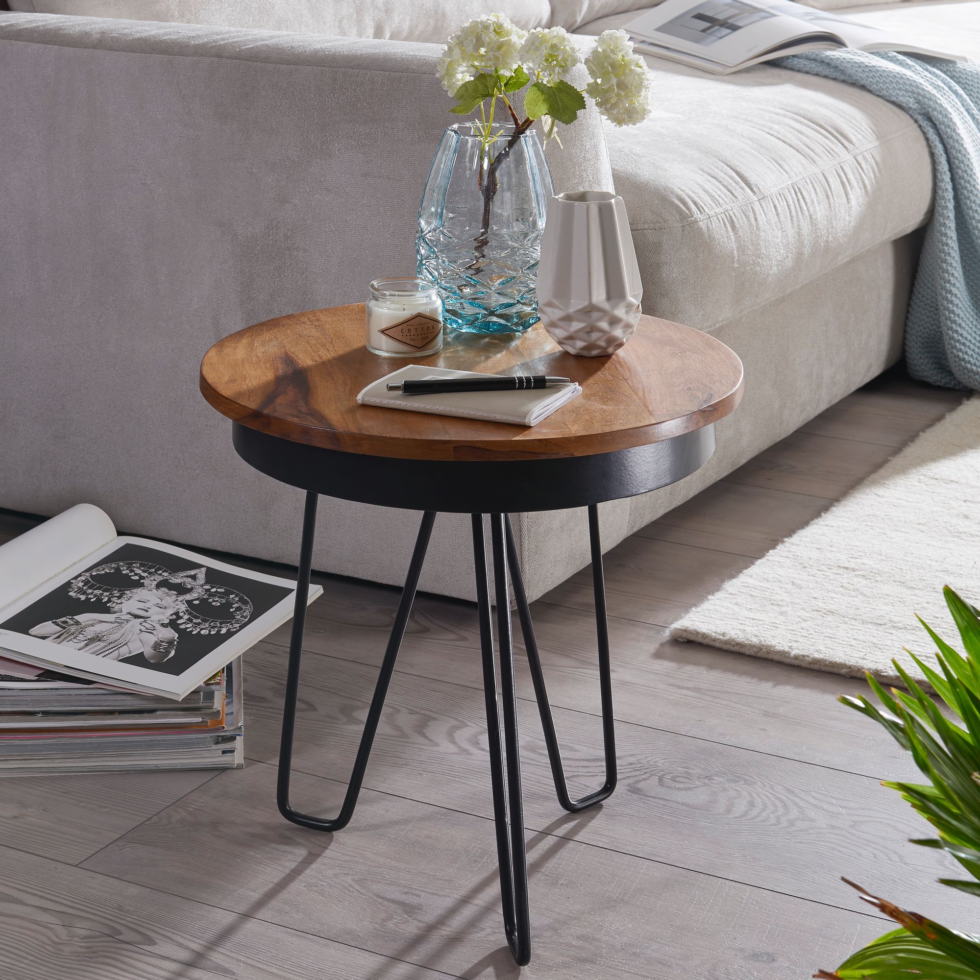 FineBuy Beistelltisch &Oslash;43 Sheesham Massivholz Couchtisch Metall Wohnzimmertisch - Bild 1