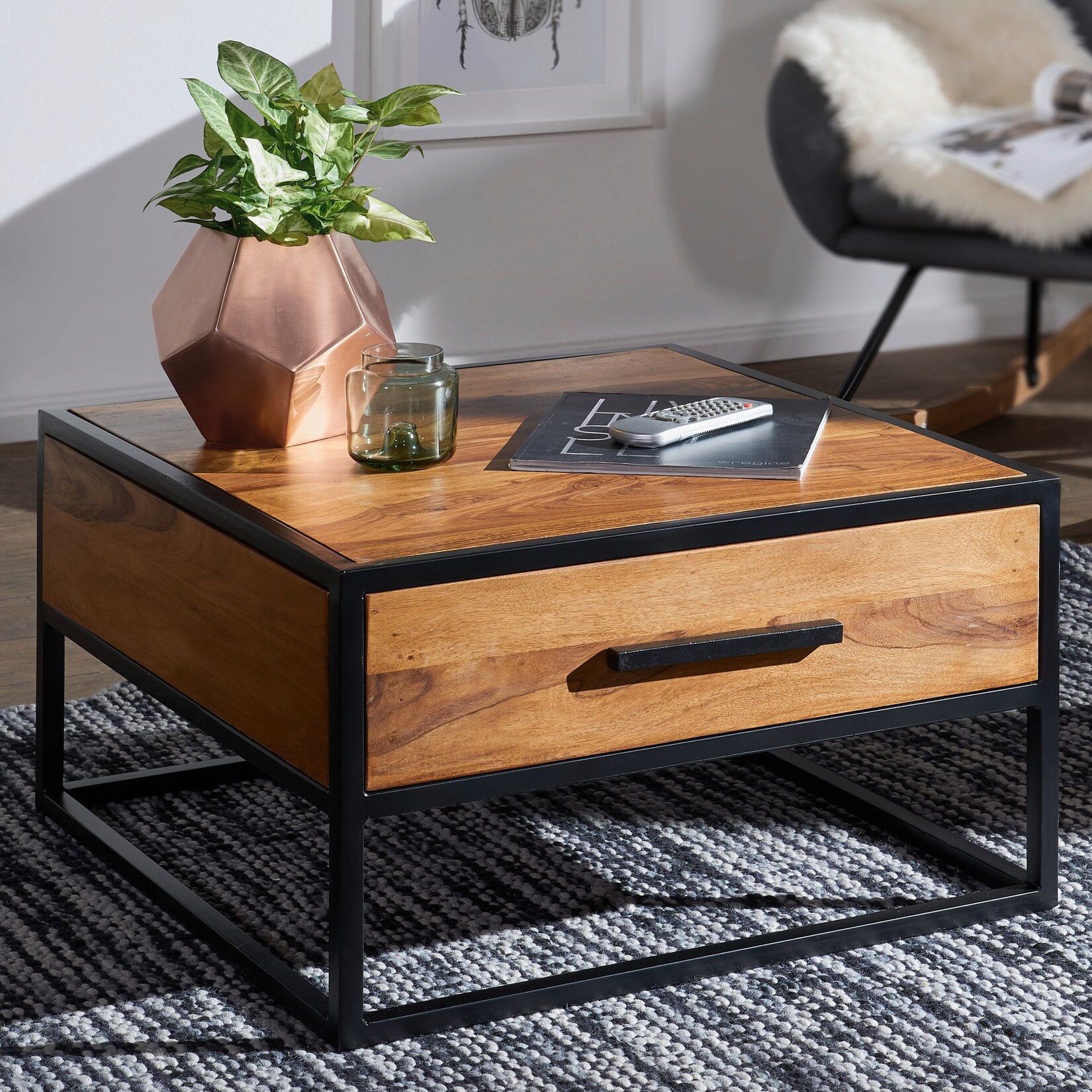 Couchtisch FineBuy Wohnzimmertisch Holz Massiv Sofatisch Tisch Schublade Braun