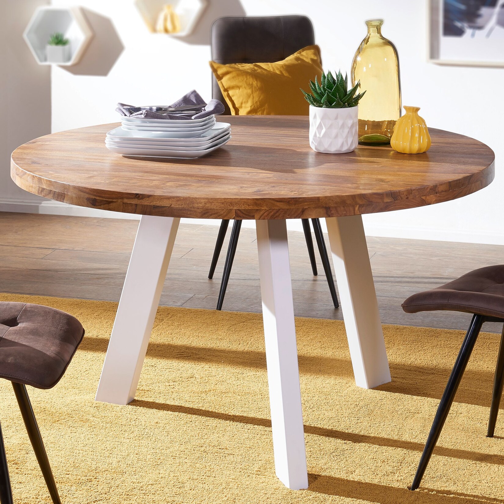 FineBuy Esszimmertisch Ø 130 cm Sheesham Holztisch Massiv Küchentisch Tisch | 04250950287334