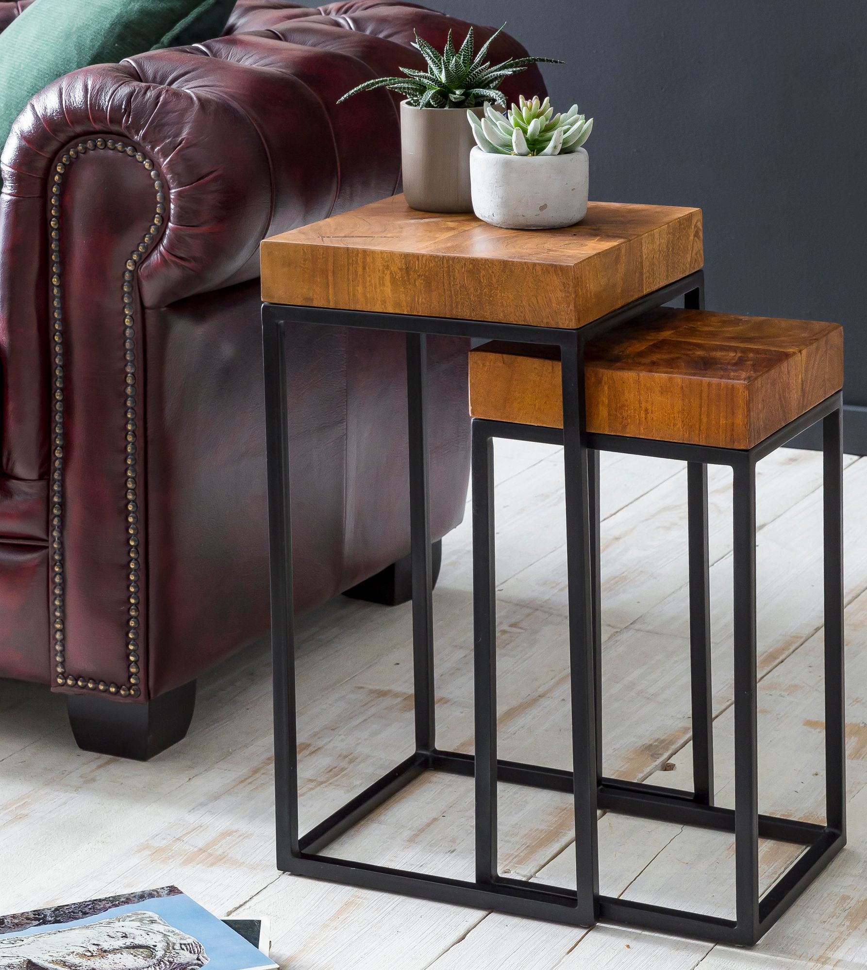 FineBuy 2er Set Beistelltisch FB51457 Sheesham Holz Metall Tisch Couchtisch - Bild 1