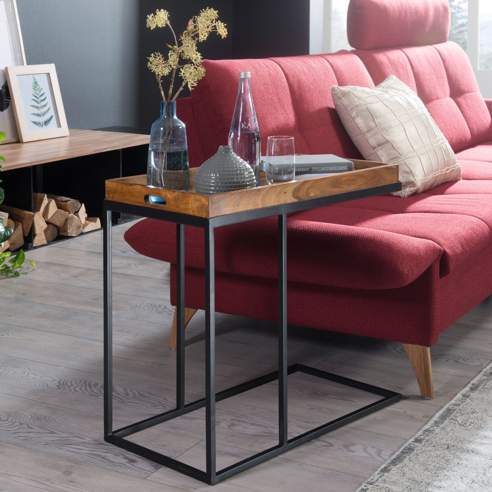 FineBuy Beistelltisch Sheesham massiv Holz Tabletttisch Abstelltisch Holz Metall | 04250950287495