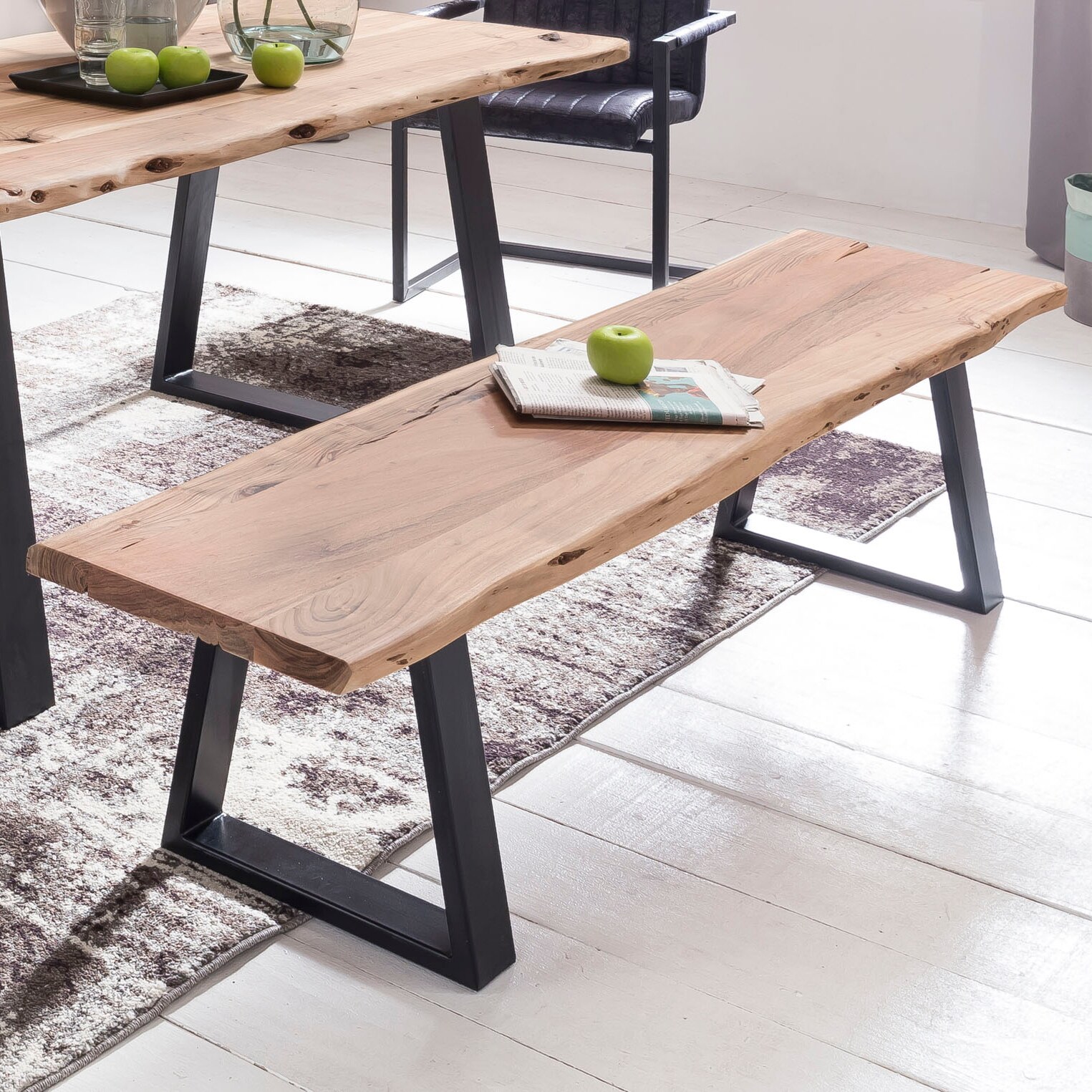 FineBuy Baumstamm Esszimmerbank 160 cm Baumkante Massivholz Essbank Holzbank | 04250950260276